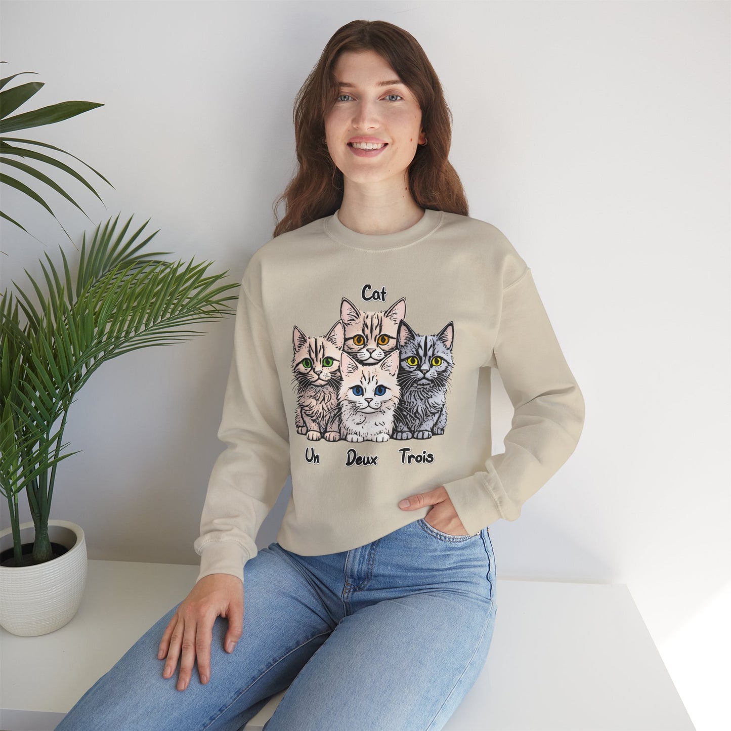 Un, Deux, Trois, Cat: Purrfect Counting Cuteness - Cat Lover Crewneck Sweatshirt, Cozy Pet Sweatshirt, Gift for Cat Owners, Cute Animal Apparel, Cat-Themed Fashion