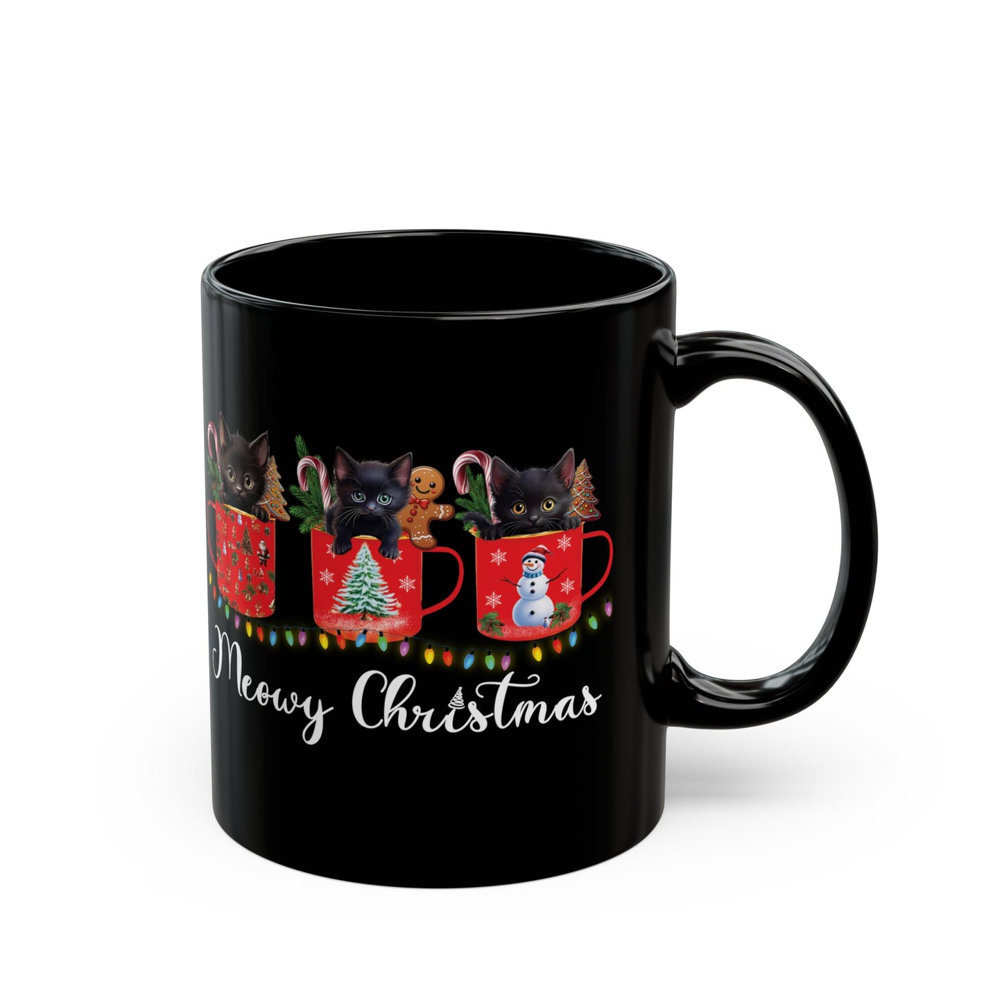 Meowy Christmas Cat Mug - Festive Black Coffee Cup (11oz, 15oz)