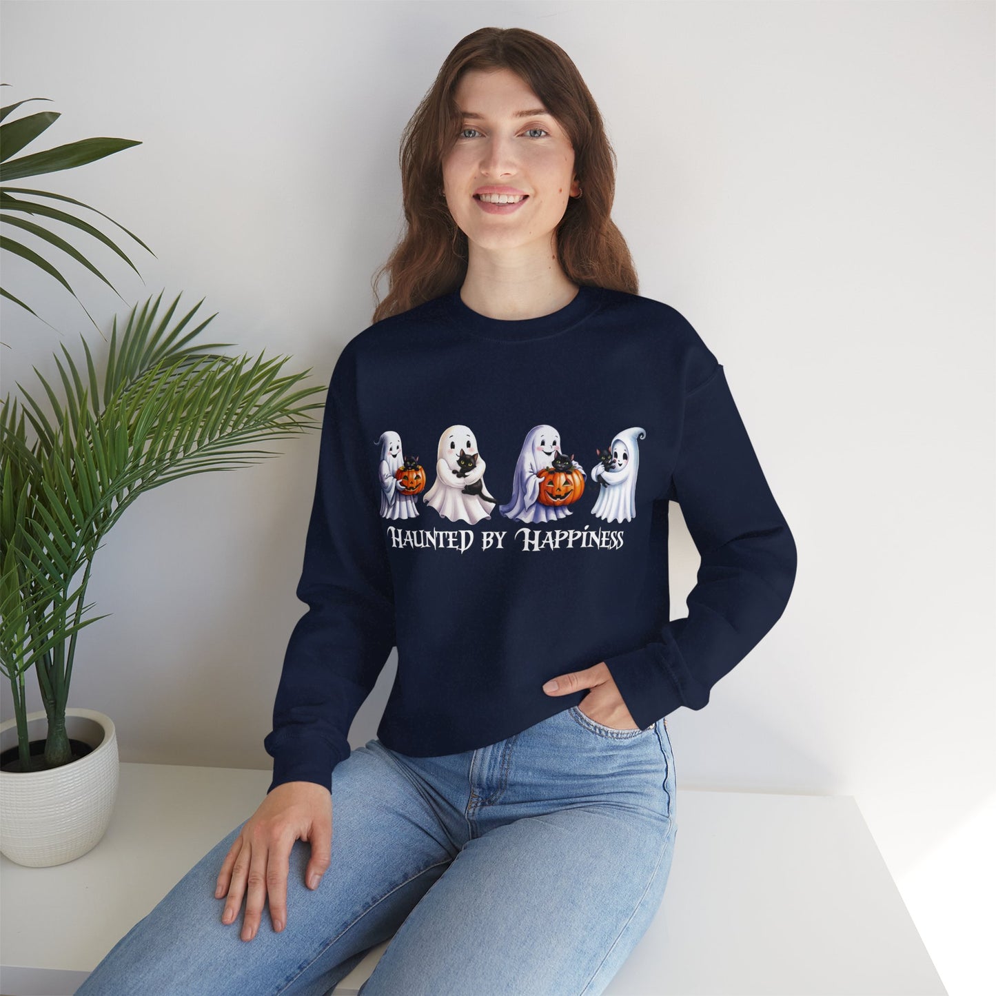 π» Haunted by Happiness: Ghosts of Joy and Candy - Halloween Ghosts Sweatshirt, Cozy Crewneck, Autumn Apparel, Spooky Season Gift, Unisex Sweatshirt for Fall Celebrations