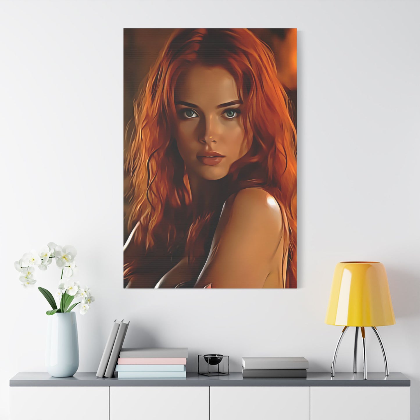 Fiery Muse: Ignite Your Passion with the Radiant Gaze of the Crimson Enchantress - Stretched Canvas Art Print, Vibrant Wall Decor, Art for Living Room, Unique Gift for Art Lovers, Home Decor