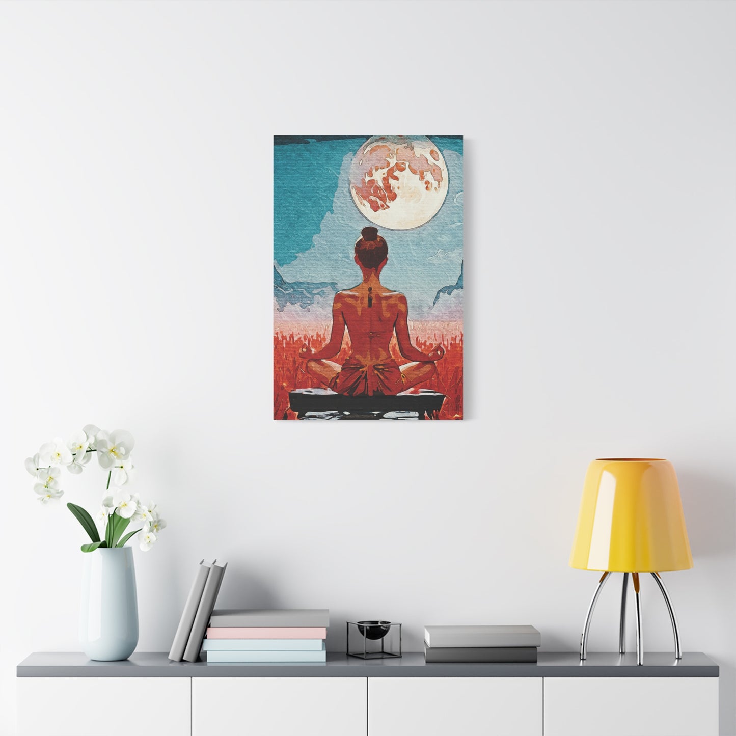 ✨Title: Serenity Under the Full Moon - Meditative Canvas Art Print, Wall Decor, Spiritual Home Decor, Yoga Room Art, Gift for Mindfulness Enthusiasts, Meditation Wall Art