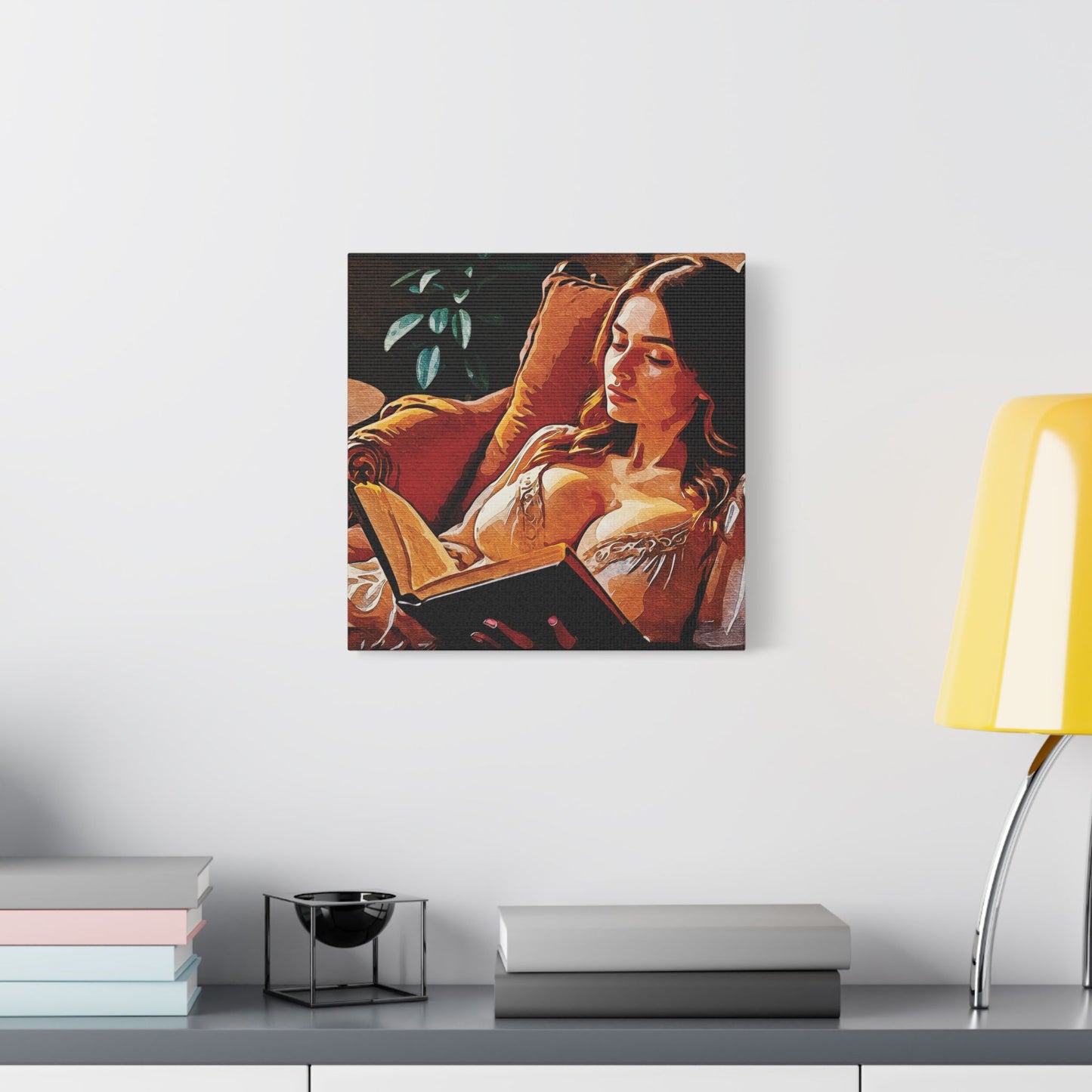 "Golden Hour Reading: Cozy Literary Escape Where Stories Come Alive in Warm Autumn Light" - Elegant Satin Canvas Artwork, Home Decor, Wall Art, Gallery Ready, Gift for Art Lovers, Cozy Vibes, Living Room Decoration