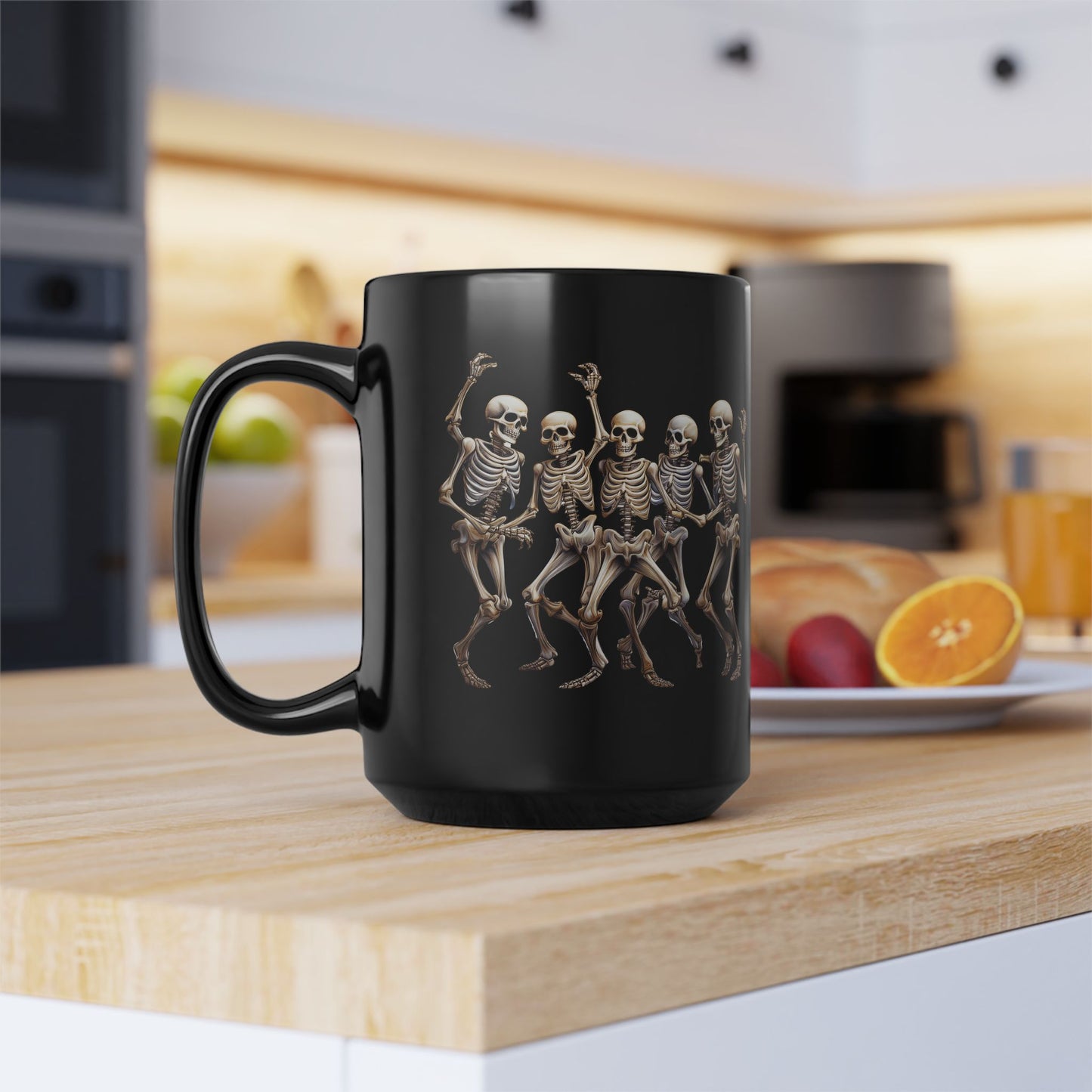 "Celebrate Life with Dancing Skeletons – Bold Apparel & Mugs that Spark Joy" - Skeleton Dance Black Mug - Halloween Coffee Cup, Spooky Gift, Funny Skeleton Mug, Partyware, Unique Halloween Decor