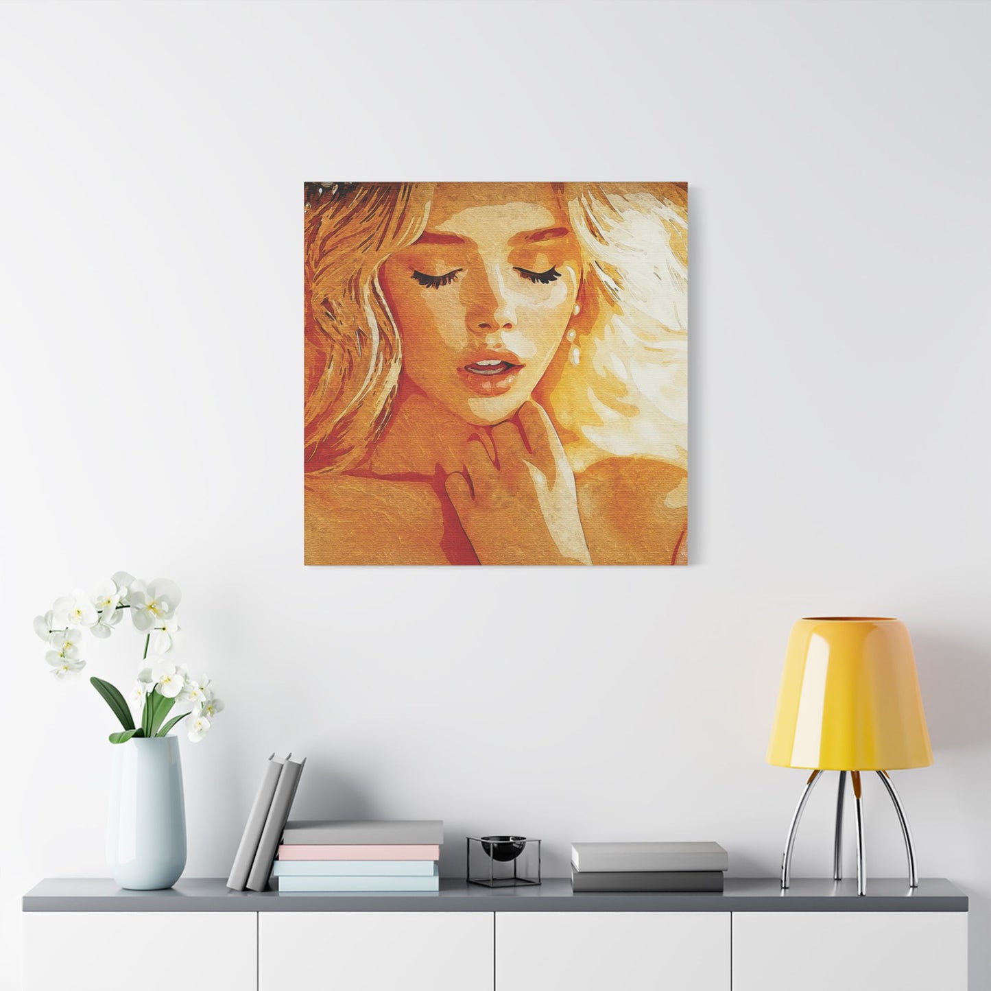 “Golden Reverie: The Serenity of a Soul in Stillness” - Elegant Satin Canvas Art Print, Home Decor Wall Artwork, Beautiful Portrait, Gift for Her, Modern Art Piece, Unique Wall Decoration