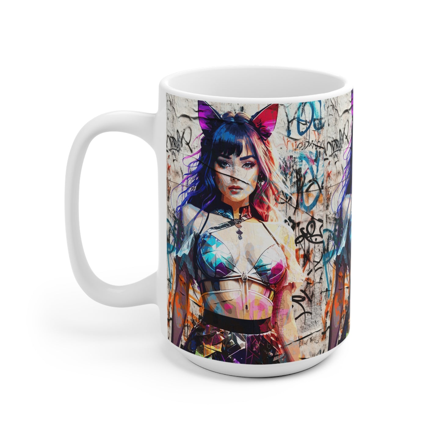 Ceramic Mug - 'Prismatic Feline Enchantress' Anime-Inspired Kaleidoscope Catgirl Cyberpunk Neon Artwork