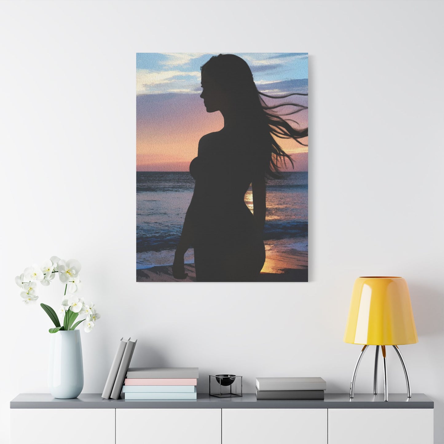 Whispers of the Horizon – Serene Silhouette at Sunset Capturing Peace, Beauty, and Timeless Grace - Satin Canvas Wall Art, Elegant Silhouette Beach Decor, Serenity Artwork, Perfect Gift for Home, Office, and Special Occasions