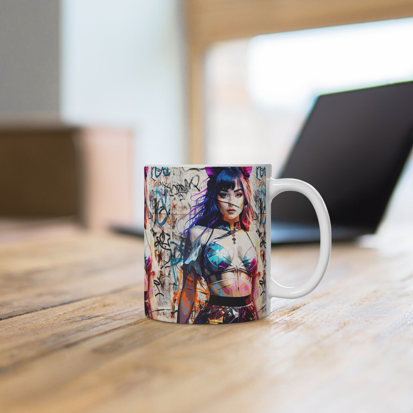 Ceramic Mug - 'Prismatic Feline Enchantress' Anime-Inspired Kaleidoscope Catgirl Cyberpunk Neon Artwork