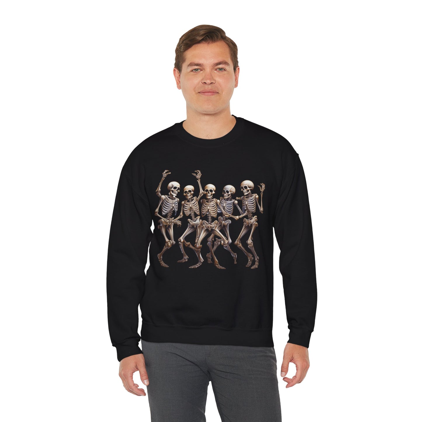 "Celebrate Life with Dancing Skeletons – Bold Apparel & Mugs that Spark Joy" - Halloween Skeleton Dance Crewneck Sweatshirt, Unisex Sweatshirt, Fall Fashion, Spooky Season Apparel, Gift for Halloween Lovers