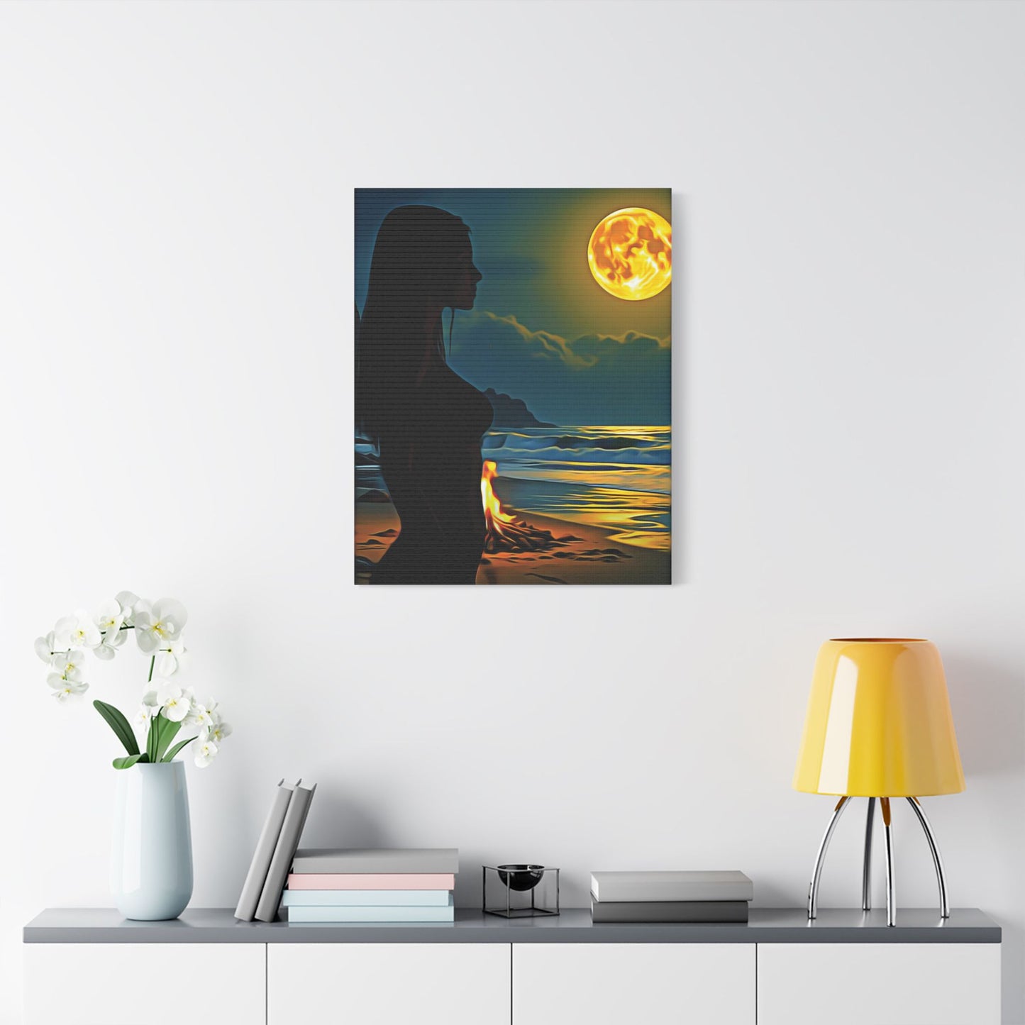 Moonfire Calm โ Where Ocean Light Meets Inner Glow ๐๐ฅ - Moonlit Beach Canvas Art, Nautical Decor for Home, Coastal Aesthetic, Perfect for Living Room, Gift for Ocean Lovers