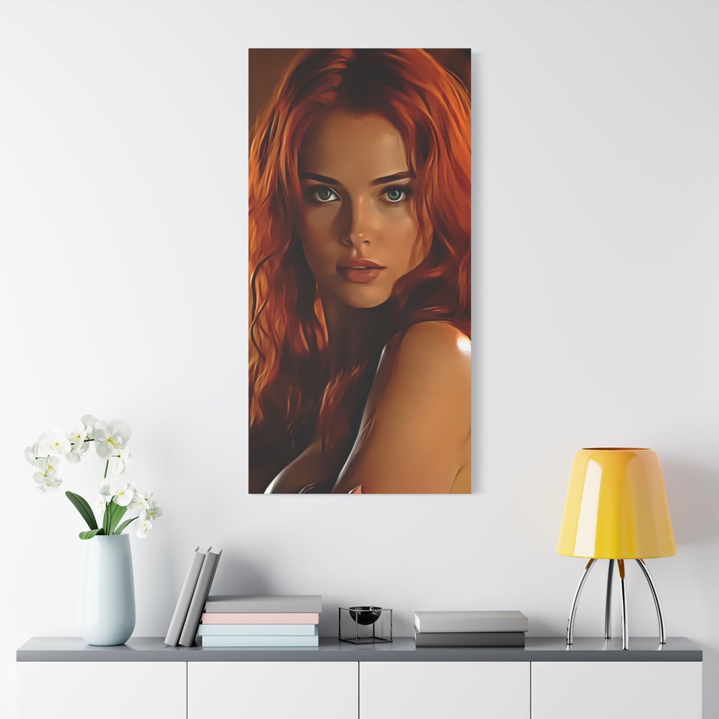 Fiery Muse: Ignite Your Passion with the Radiant Gaze of the Crimson Enchantress - Stretched Canvas Art Print, Vibrant Wall Decor, Art for Living Room, Unique Gift for Art Lovers, Home Decor