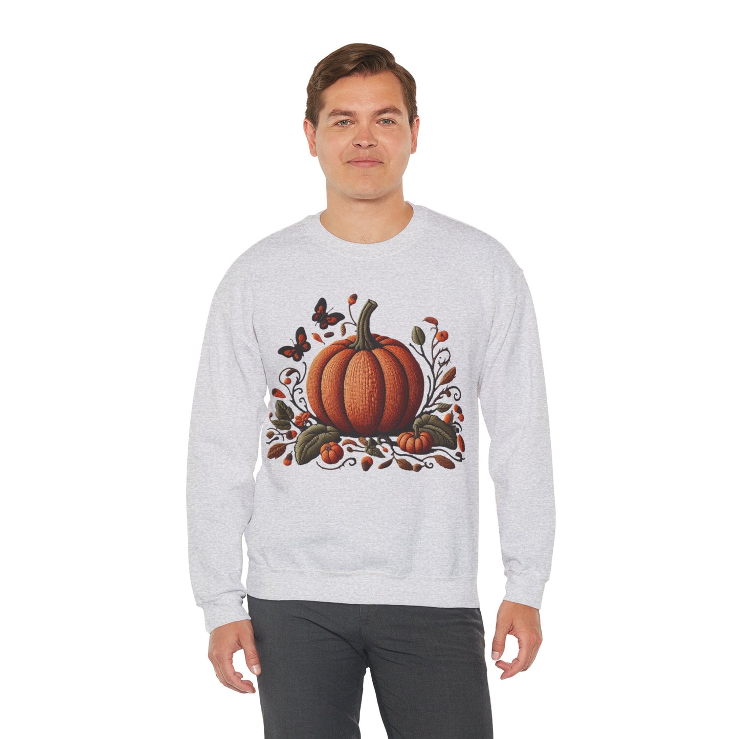 Pumpkin & Botanical Bliss โ Autumnโs Cozy Charm ๐๐ - Autumn Pumpkin Sweatshirt - Cozy Fall Apparel, Unisex Crewneck, Thanksgiving Gift, Seasonal Fashion, Pumpkin Patch Style