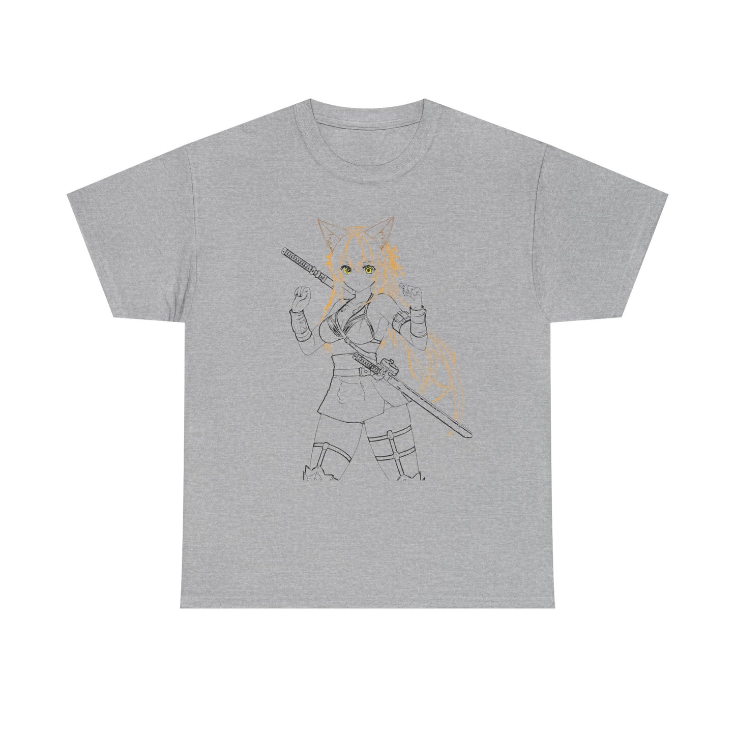 Cat-Eared Blade – Anime Warrior Power on Tees - Anime Samurai Unisex Heavy Cotton Tee, Cute Graphic T-Shirt, Comfortable Casual Wear, Gifts for Anime Lovers, Birthday Surprise