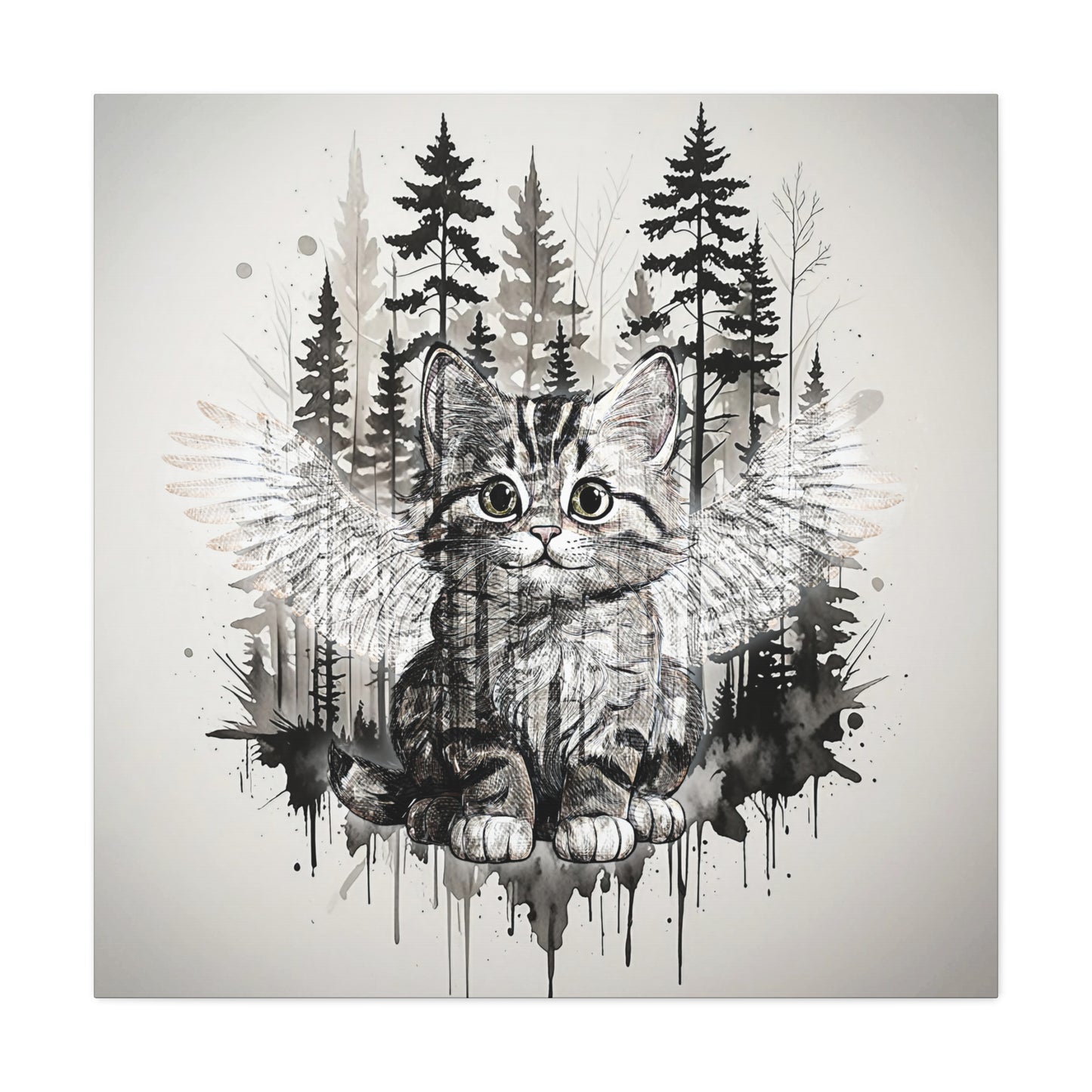 Your personal Guardian Cat Canvas Wall Art - 1.25" Stretched Matte Print with Angel Wings and Forest Theme
