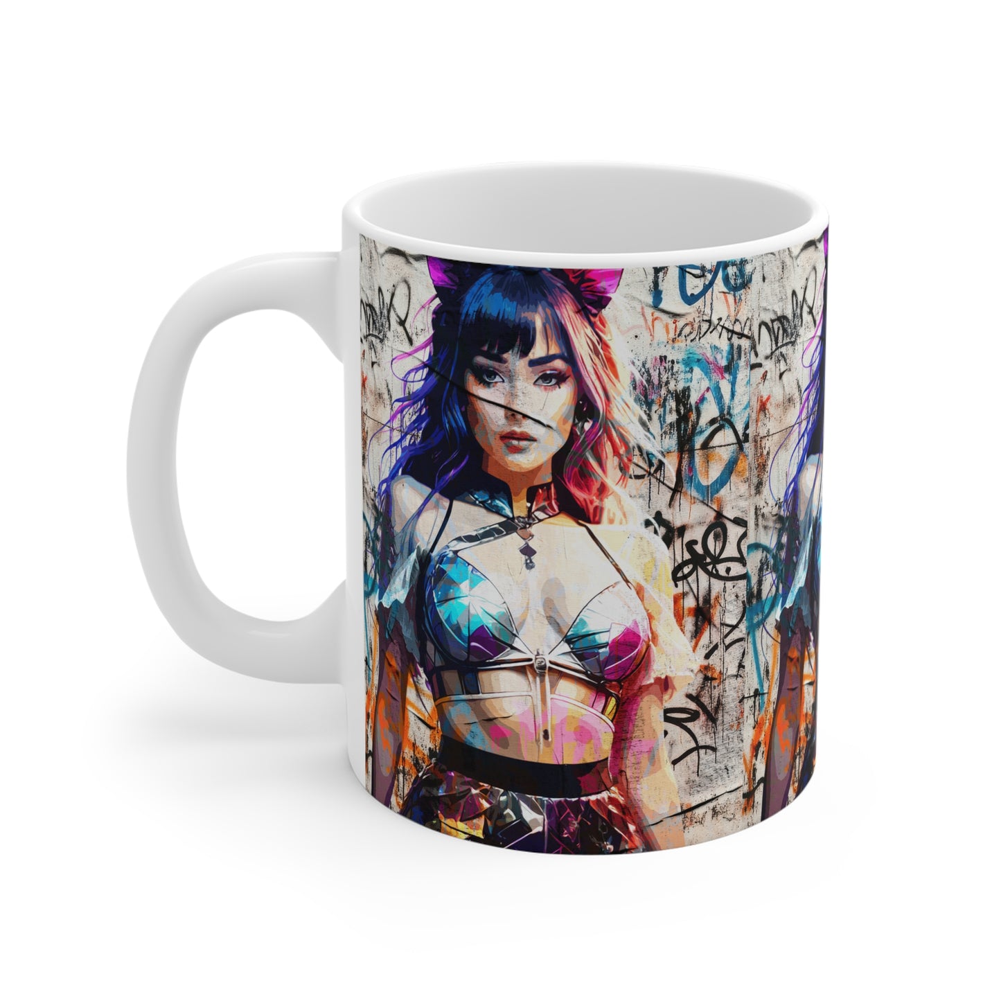 Ceramic Mug - 'Prismatic Feline Enchantress' Anime-Inspired Kaleidoscope Catgirl Cyberpunk Neon Artwork
