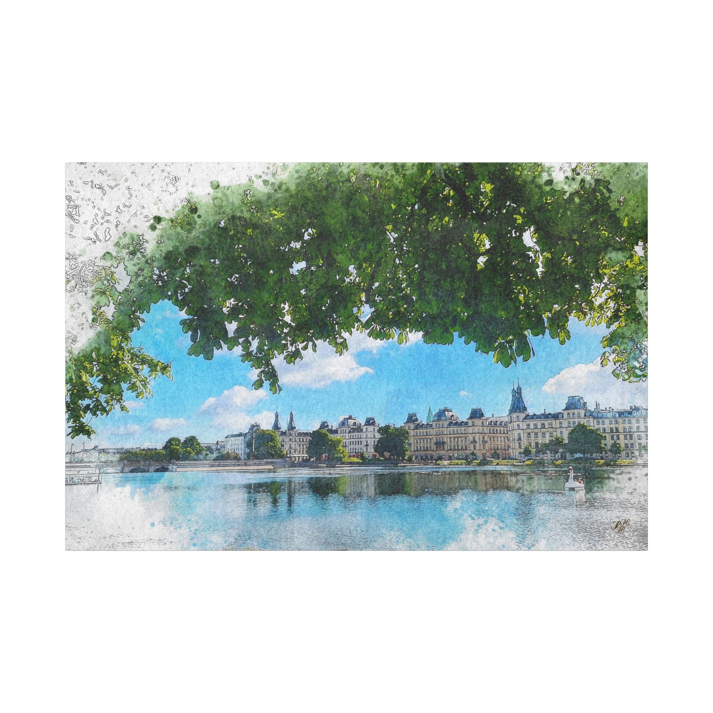 'The Lakes' Copenhagen - Canvas Print Watercolor Art -