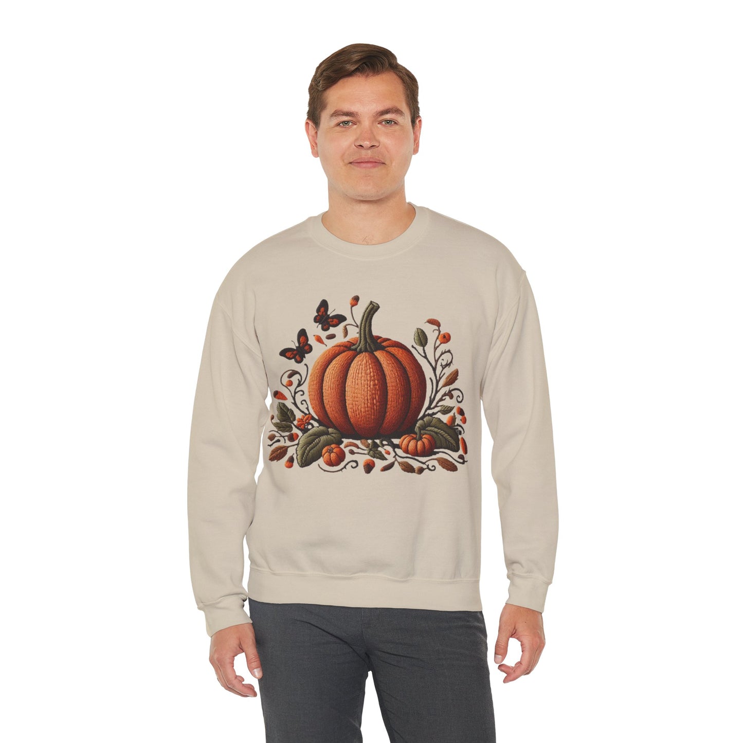 Pumpkin & Botanical Bliss โ Autumnโs Cozy Charm ๐๐ - Autumn Pumpkin Sweatshirt - Cozy Fall Apparel, Unisex Crewneck, Thanksgiving Gift, Seasonal Fashion, Pumpkin Patch Style