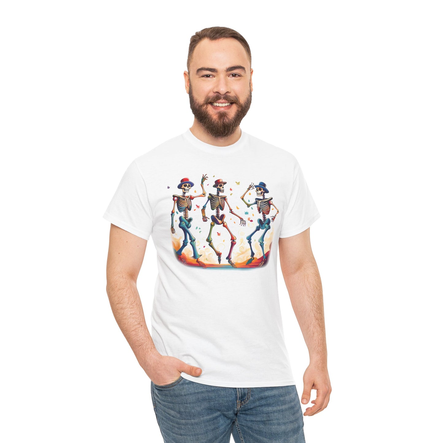 Dancing Skeletons Halloween Party - Spooky Fun Celebration Art - Festive Autumn Spirit Collection - Colorful Skeleton Dance Tee, Casual Halloween T-Shirt, Unique Gift for Parties, Unisex Graphic Shirt, Fun Everyday Wear