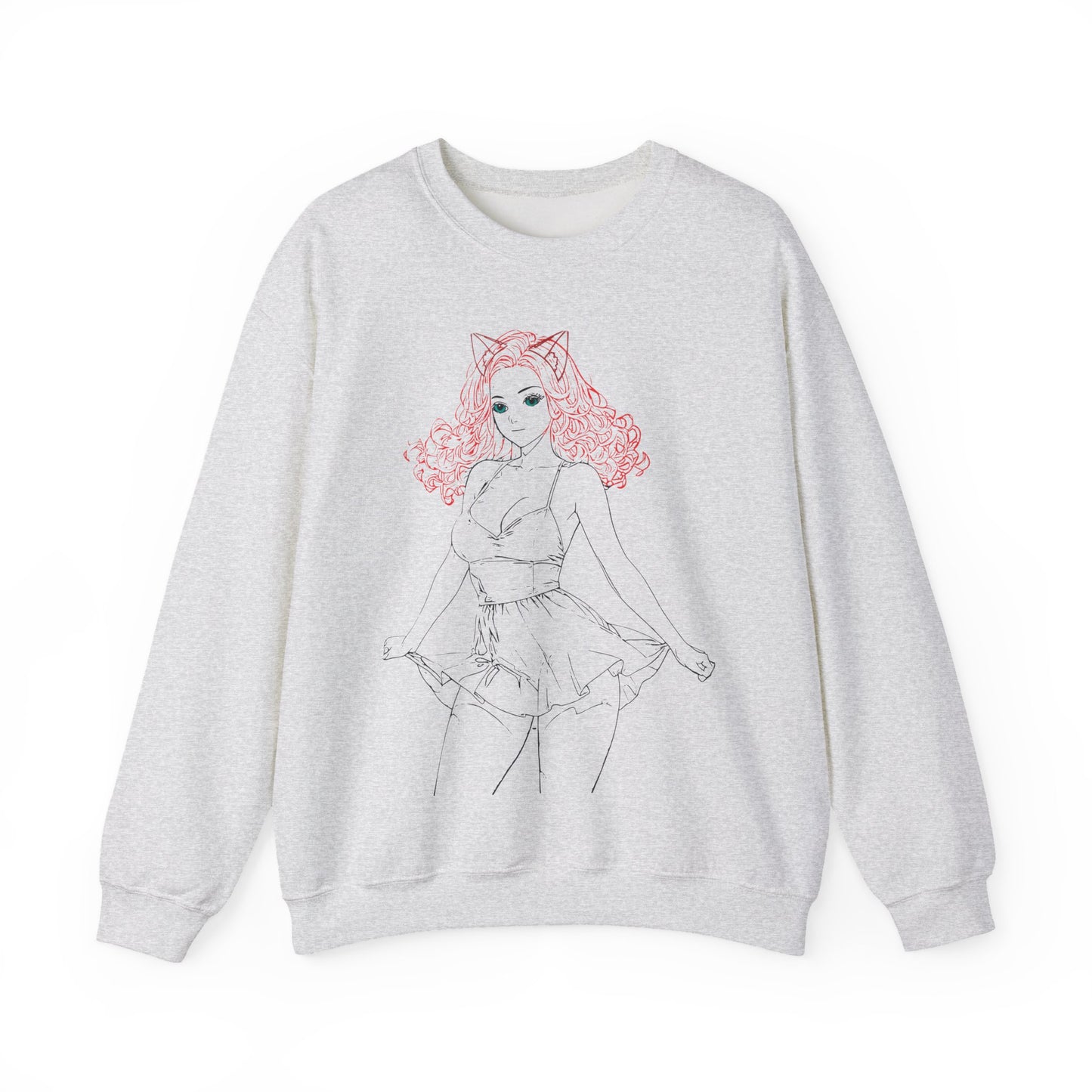 Chic Catgirl Crewneck Sweatshirt for Cozy Style, Women’s Fashion, Casual Wear, Gift for Cat Lovers, Cute Cartoon Apparel