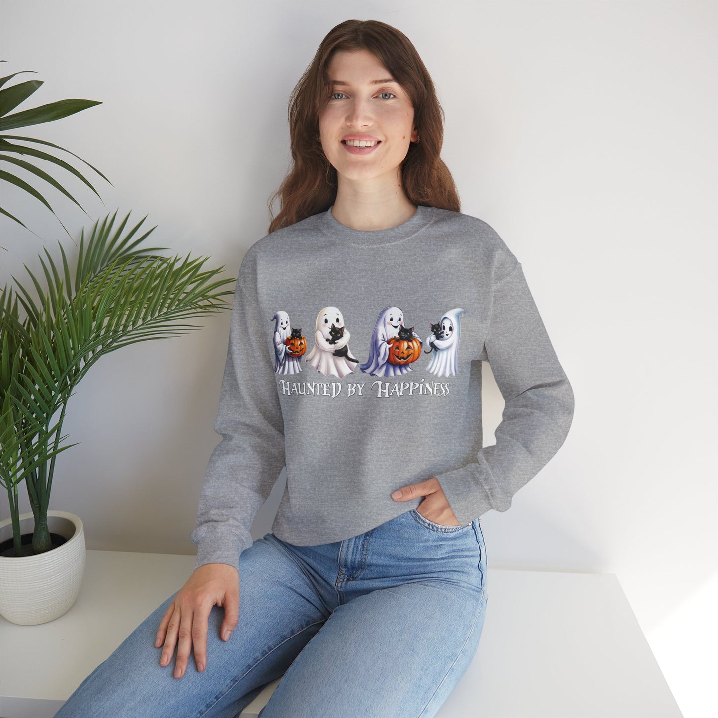 π» Haunted by Happiness: Ghosts of Joy and Candy - Halloween Ghosts Sweatshirt, Cozy Crewneck, Autumn Apparel, Spooky Season Gift, Unisex Sweatshirt for Fall Celebrations