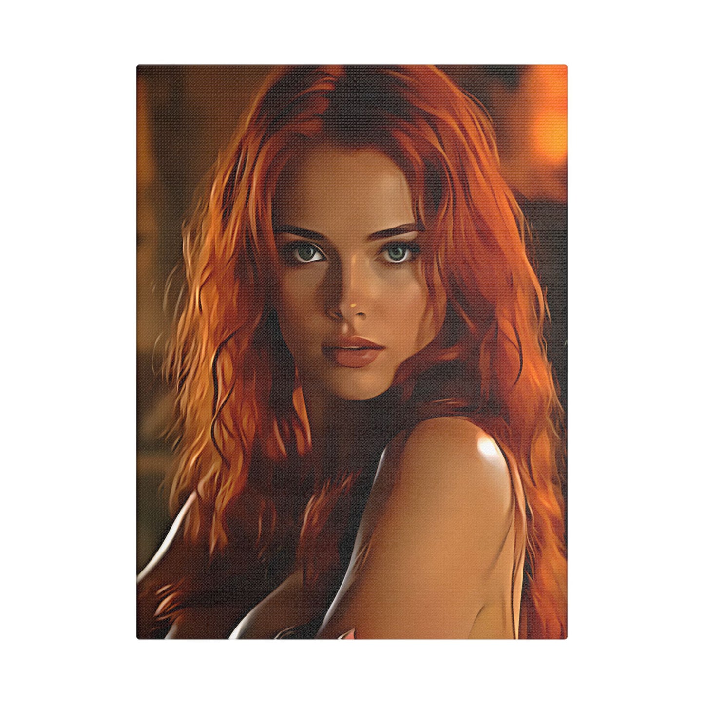 Fiery Muse: Ignite Your Passion with the Radiant Gaze of the Crimson Enchantress - Stretched Canvas Art Print, Vibrant Wall Decor, Art for Living Room, Unique Gift for Art Lovers, Home Decor