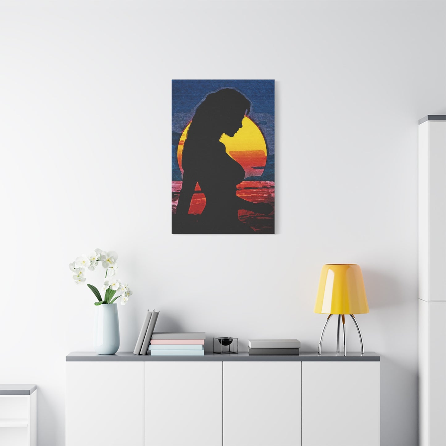 Radiant Horizons: Empowering Silhouette by Sunset – Embrace Inner Strength and Inspiring Beauty - Sunset Silhouette Canvas Wall Art, Inspirational Home Décor, Modern Art Print, Gift for Her, Boho Vibes, Perfect for Beach Lovers