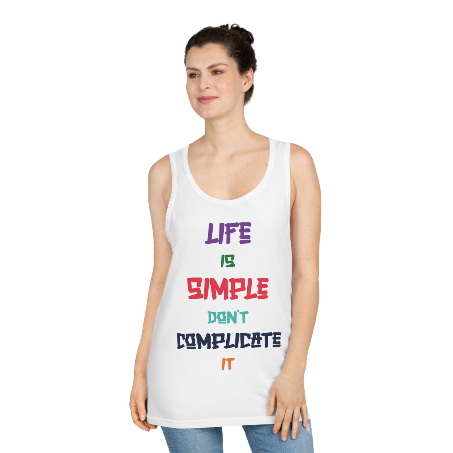 Unisex Softstyle™ Tank Top - "Life is Simple, Don't Complicate It" - Perfect for Summer, Workout, Casual Wear, Gift Ideas, Relaxation
