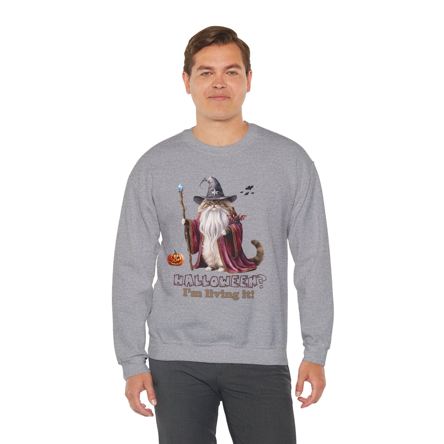π§ Living the Spell: Wizardry, Whimsy & Halloween Cheer π - Halloween Wizard Sweatshirt, Unisex Crewneck for Fall, Cozy Gift for Cat Lovers, Spooky Season Apparel, Fun Costume Alternative