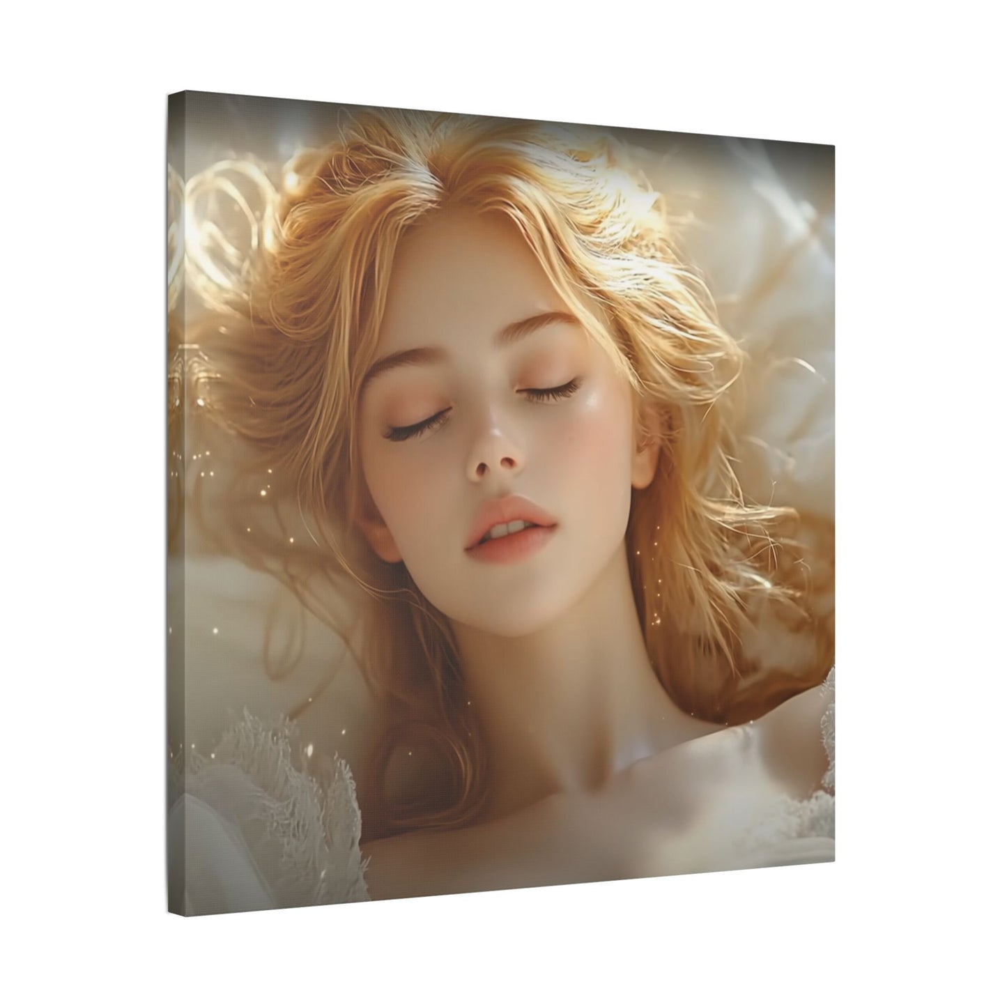 Halo Dreams β Ethereal Glow and Blonde Serenity in Stillness πβ¨ - Satin Canvas Wall Art, Dreamy Portrait Print, Elegant Home Decor, Relaxing Bedroom Decor, Gift for Art Lovers, Serene Wall Hanging