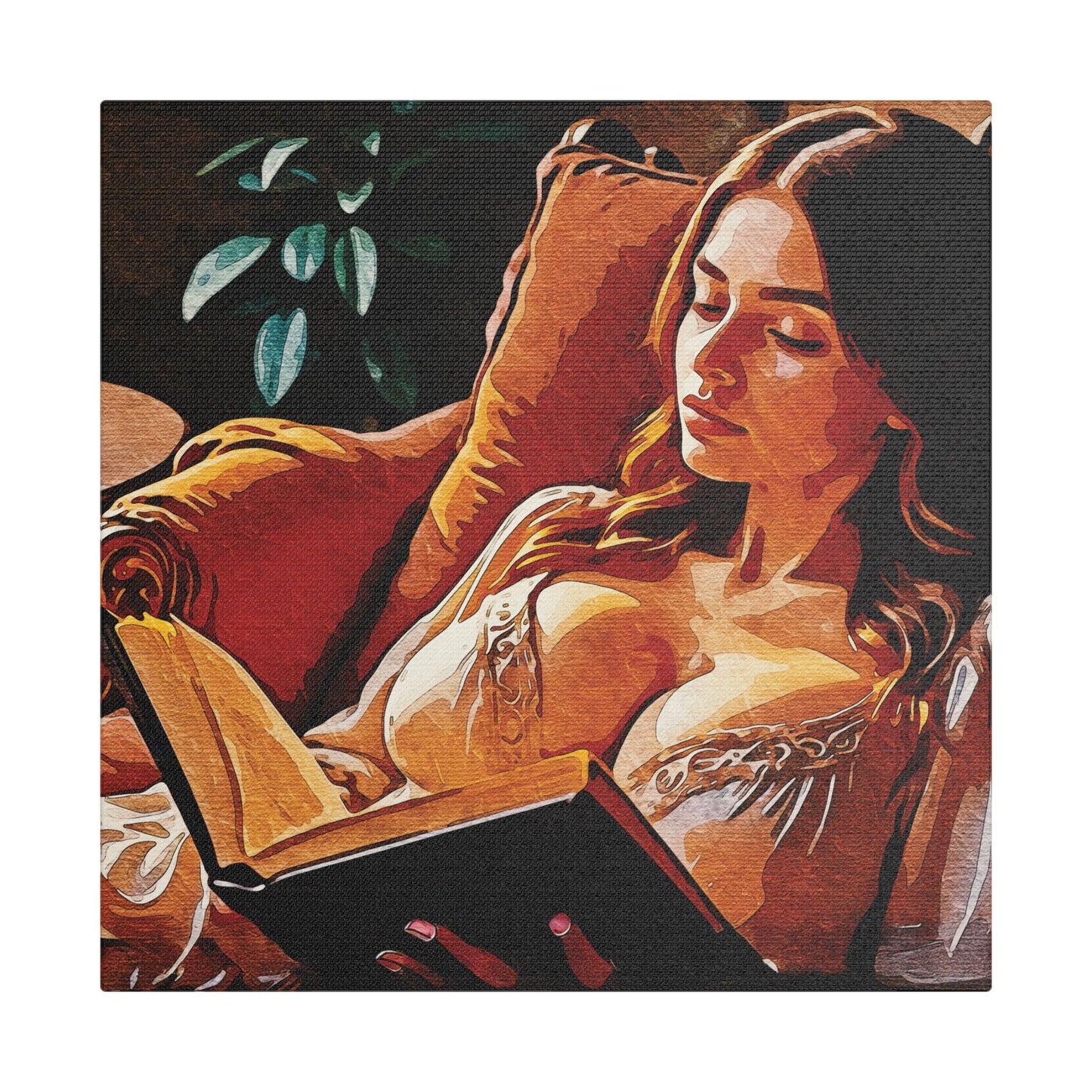 "Golden Hour Reading: Cozy Literary Escape Where Stories Come Alive in Warm Autumn Light" - Elegant Satin Canvas Artwork, Home Decor, Wall Art, Gallery Ready, Gift for Art Lovers, Cozy Vibes, Living Room Decoration