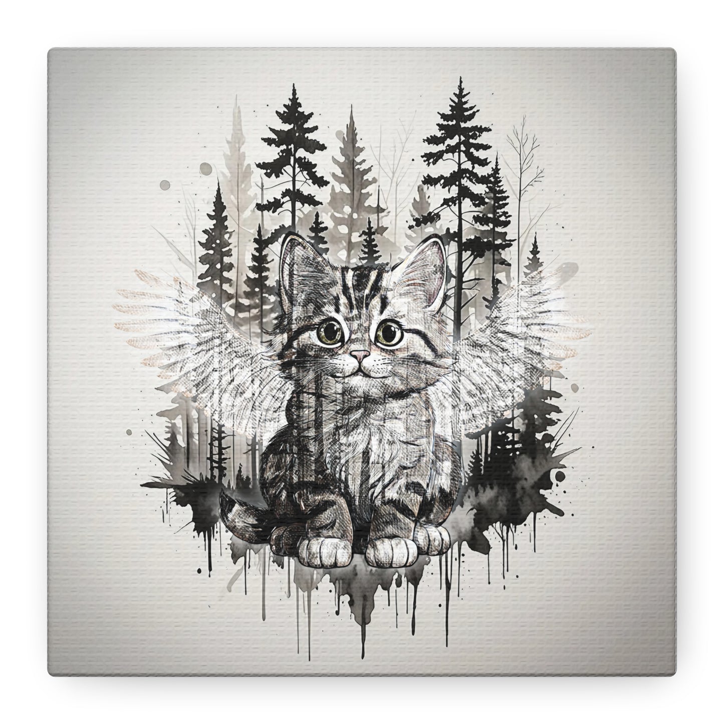 Your personal Guardian Cat Canvas Wall Art - 1.25" Stretched Matte Print with Angel Wings and Forest Theme