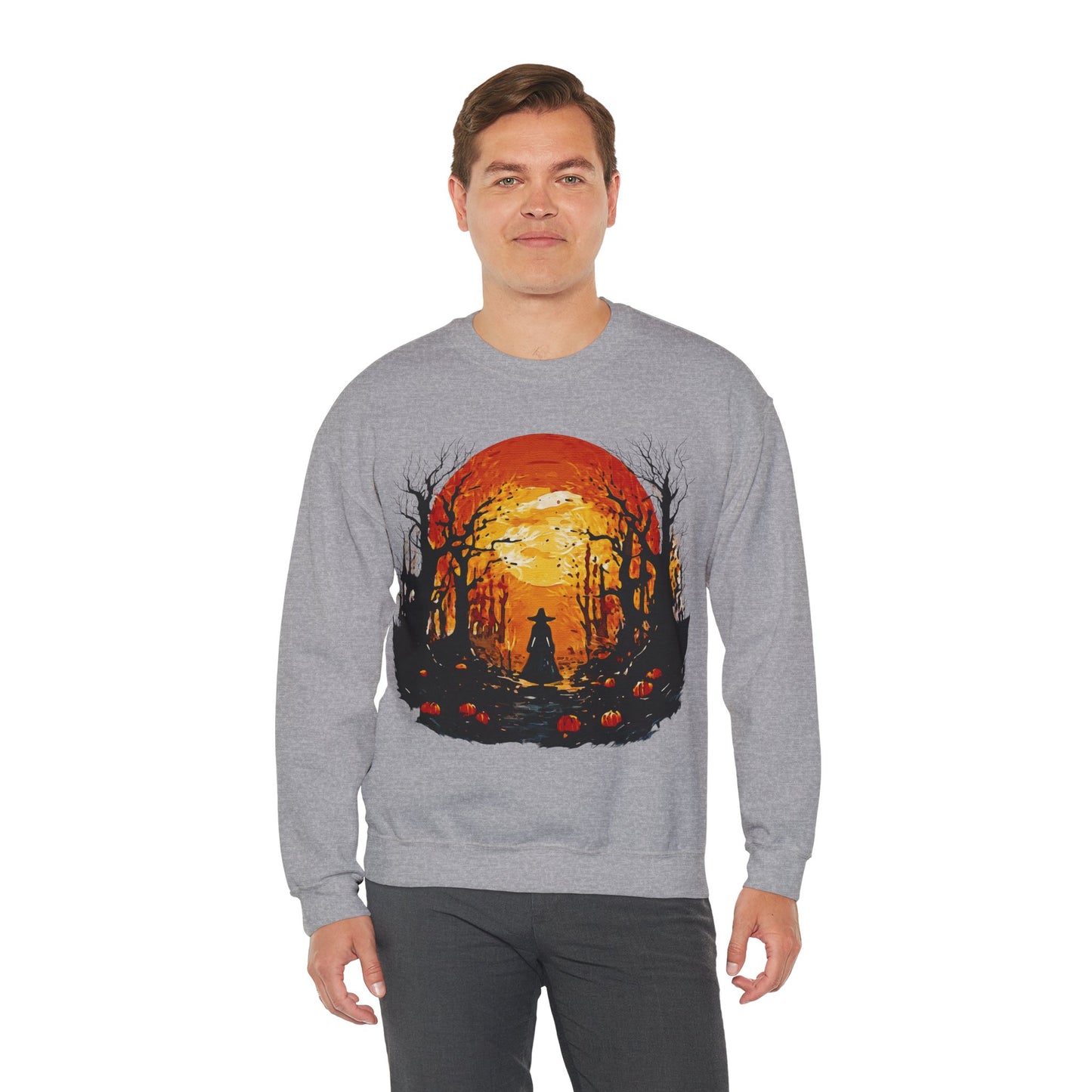 Moonlit Mischief: Autumn’s Enchanted Glow for Sweatshirts, mugs and more - Autumn Sunset Witch Sweatshirt - Cozy Unisex Crewneck for Fall, Halloween, Pumpkin Spice Lovers, Seasonal Fashion, Gift Idea