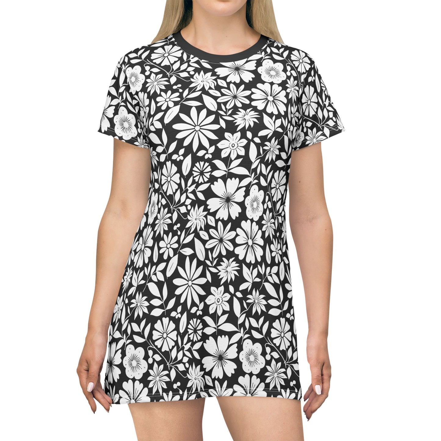 Floral T-Shirt Dress - Black and White Floral Pattern
