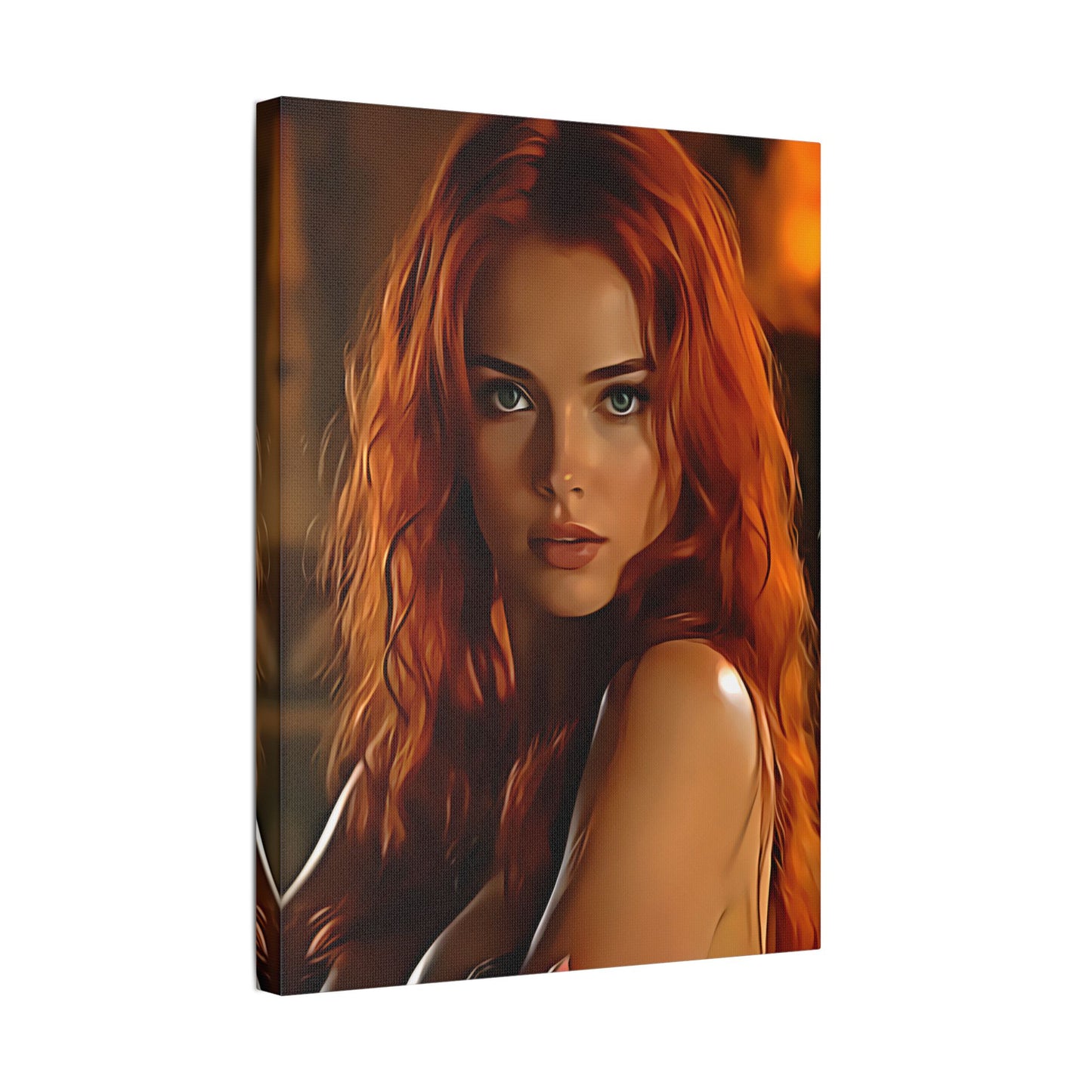 Fiery Muse: Ignite Your Passion with the Radiant Gaze of the Crimson Enchantress - Stretched Canvas Art Print, Vibrant Wall Decor, Art for Living Room, Unique Gift for Art Lovers, Home Decor