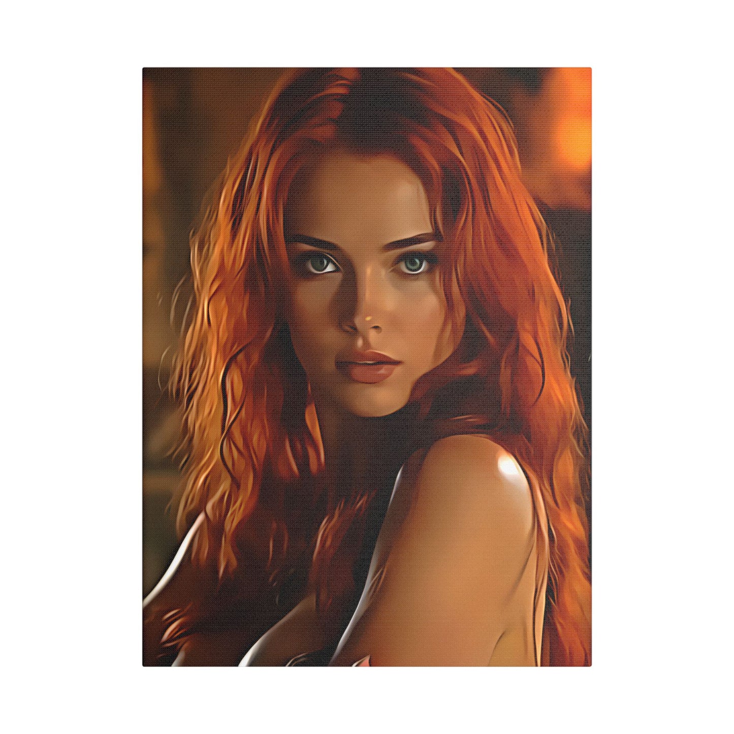 Fiery Muse: Ignite Your Passion with the Radiant Gaze of the Crimson Enchantress - Stretched Canvas Art Print, Vibrant Wall Decor, Art for Living Room, Unique Gift for Art Lovers, Home Decor