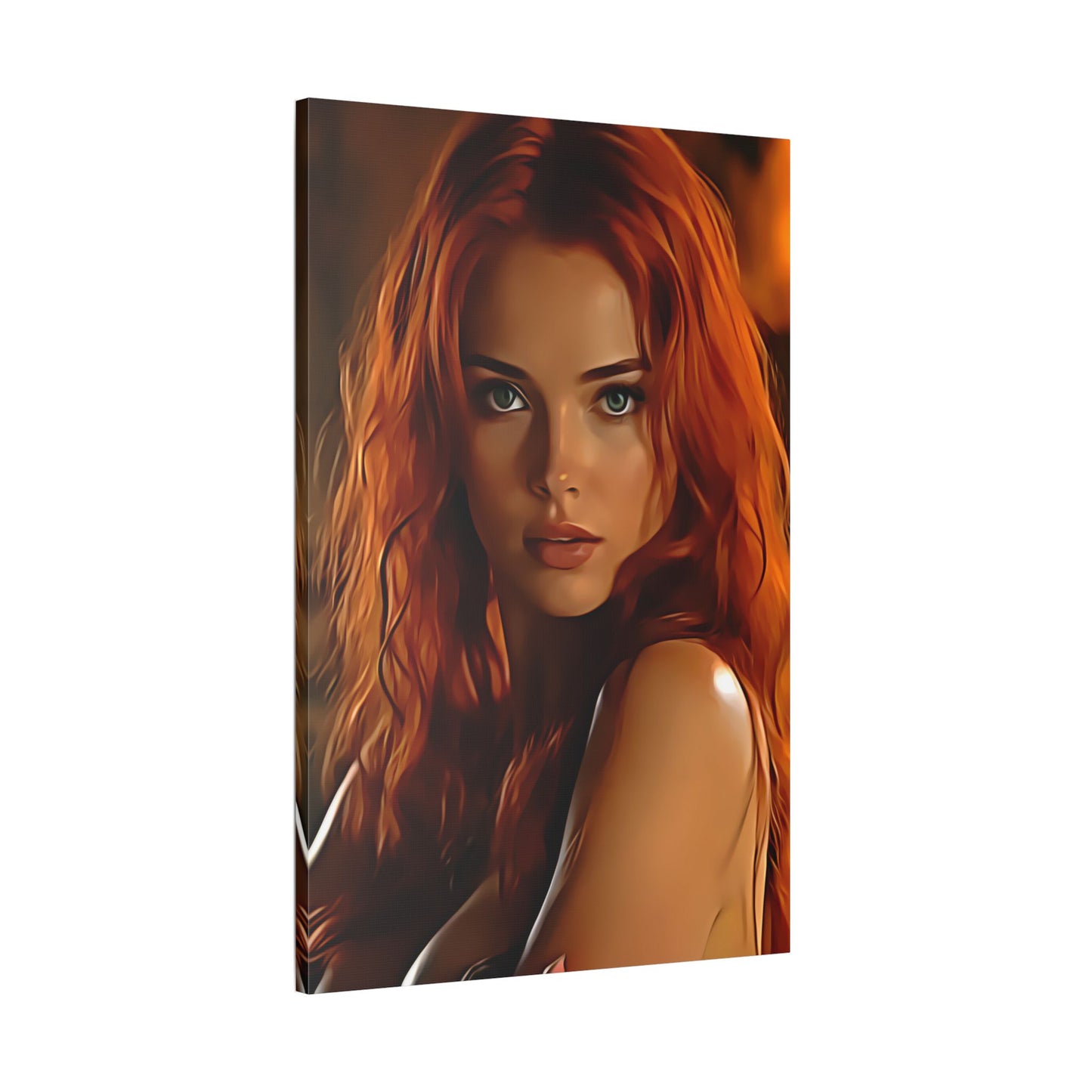 Fiery Muse: Ignite Your Passion with the Radiant Gaze of the Crimson Enchantress - Stretched Canvas Art Print, Vibrant Wall Decor, Art for Living Room, Unique Gift for Art Lovers, Home Decor