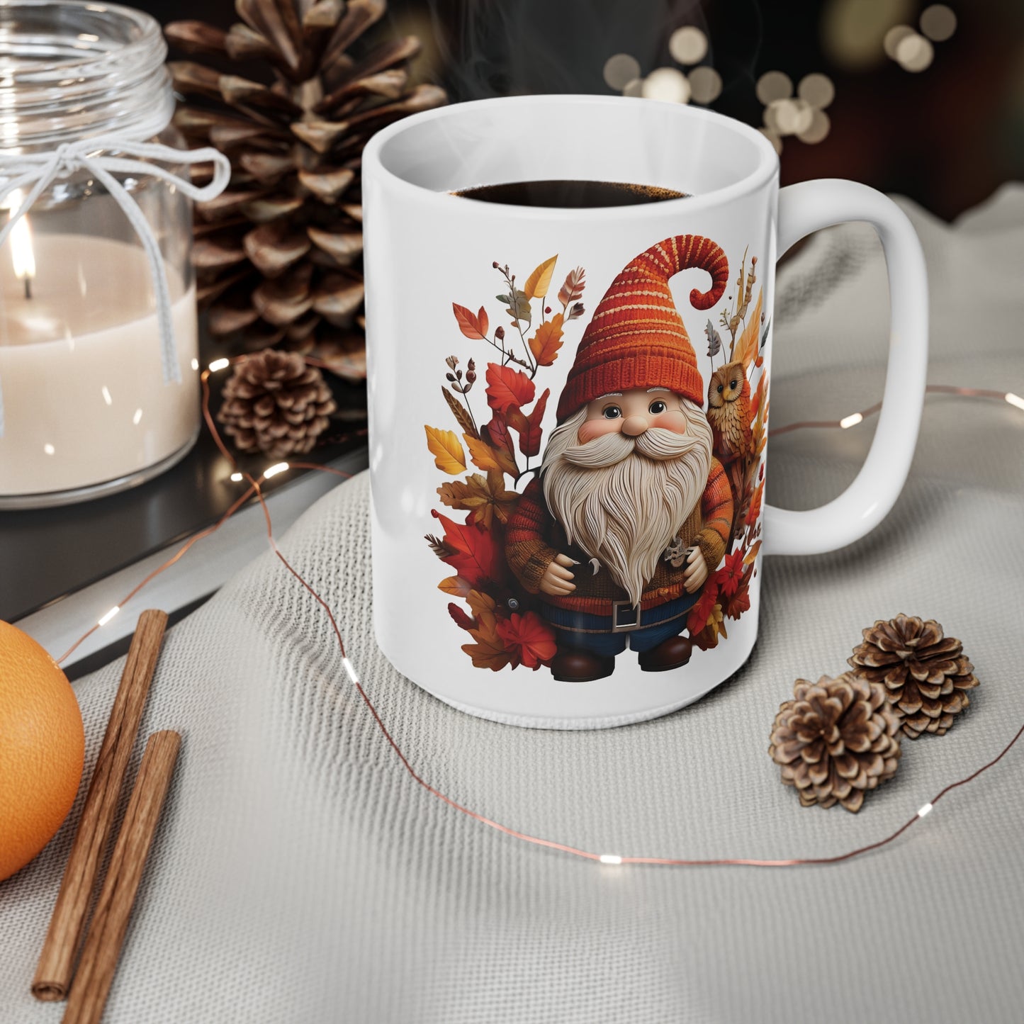 Gnome & Owl Autumn Harmony β Cozy Magic for the Season ππ§‘ - Coffee Cup, Cozy Ceramic Mug for Fall, Owl and Gnome Design, Perfect for Halloween, Thanksgiving, Gift Idea