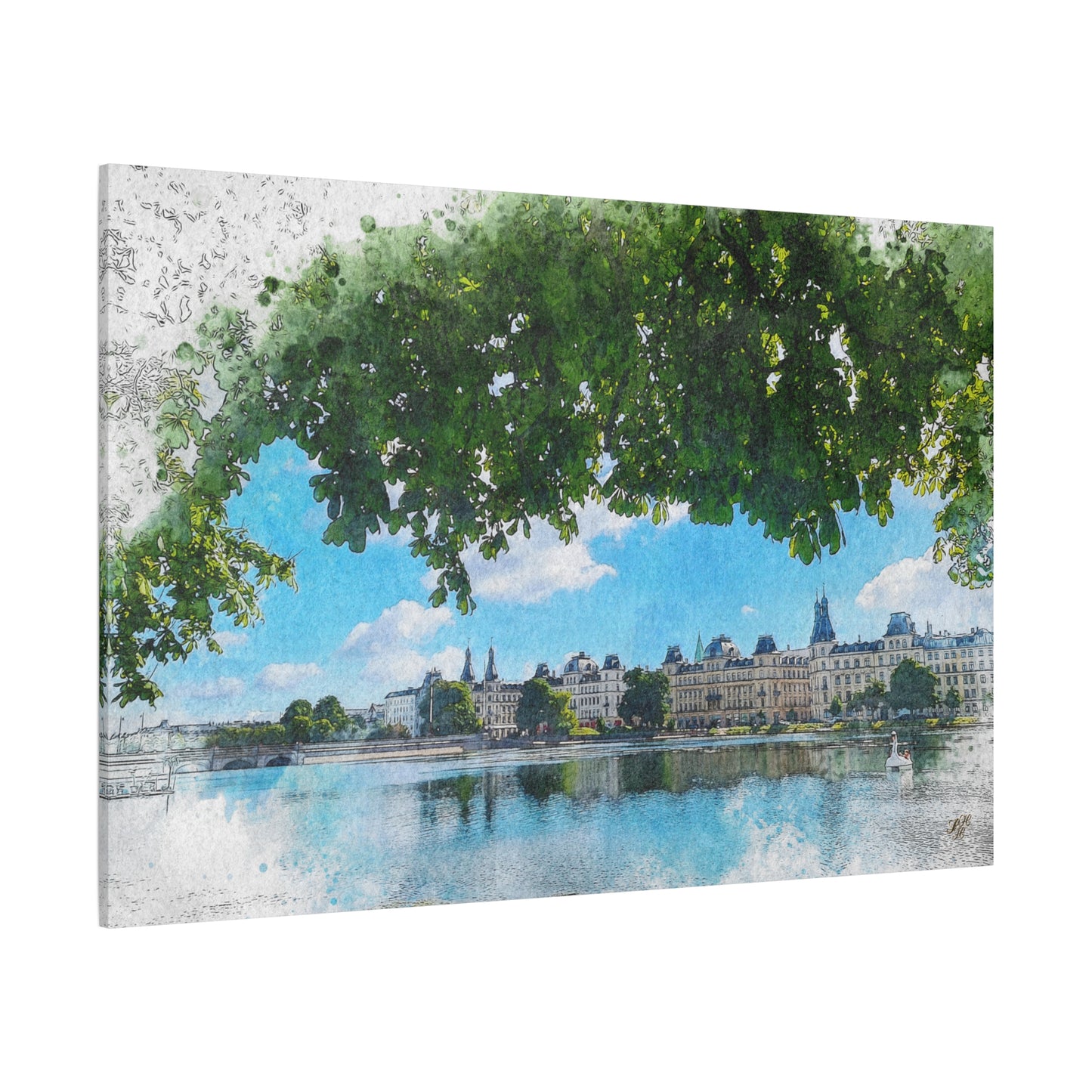 'The Lakes' Copenhagen - Canvas Print Watercolor Art -