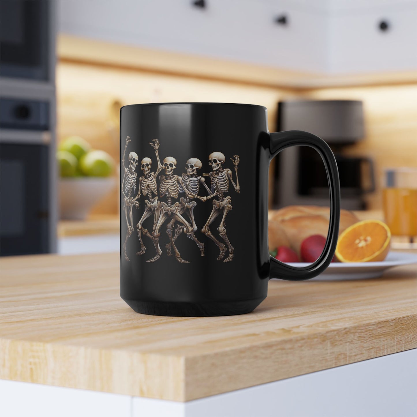 "Celebrate Life with Dancing Skeletons – Bold Apparel & Mugs that Spark Joy" - Skeleton Dance Black Mug - Halloween Coffee Cup, Spooky Gift, Funny Skeleton Mug, Partyware, Unique Halloween Decor