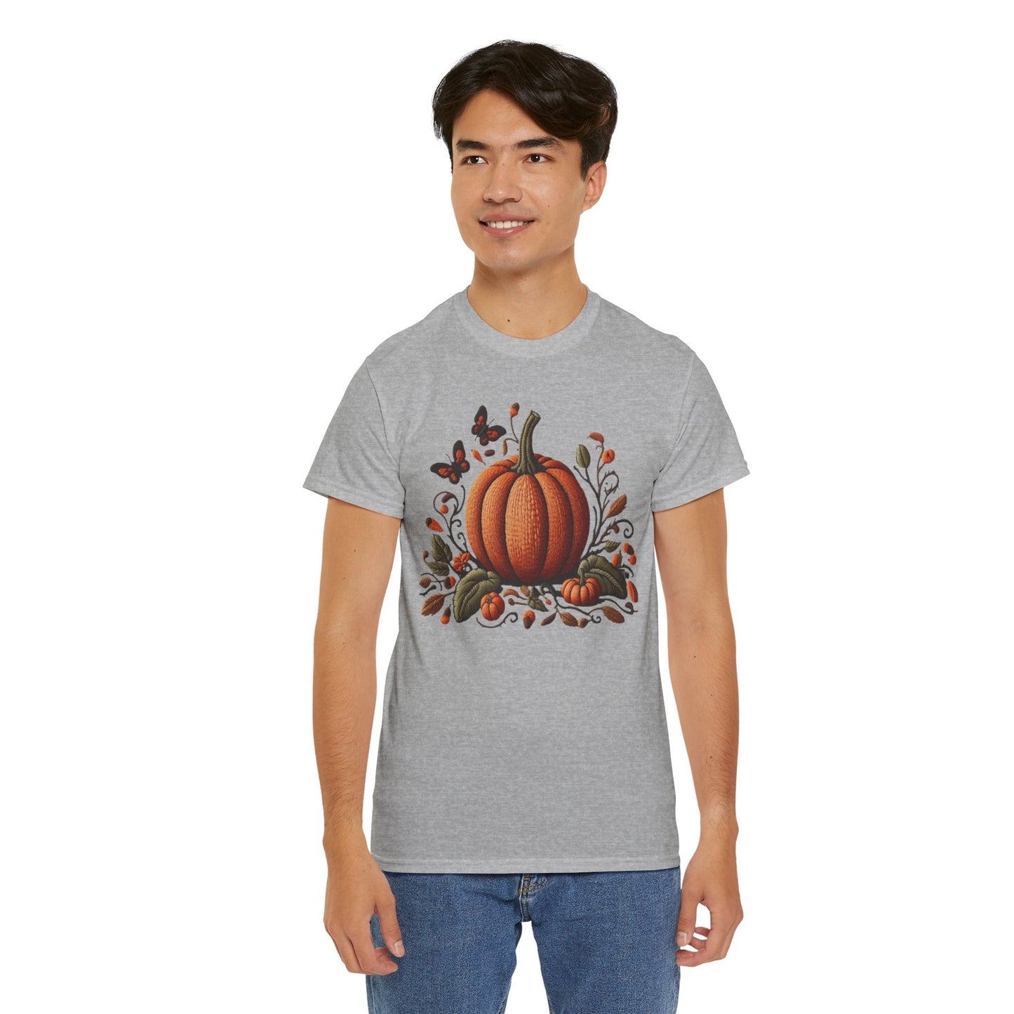 Pumpkin & Botanical Bliss โ Autumnโs Cozy Charm ๐๐ - Autumn Pumpkin Tee, Fall T-Shirt, Halloween Shirt, Thanksgiving Gift, Unisex Heavy Cotton Tee