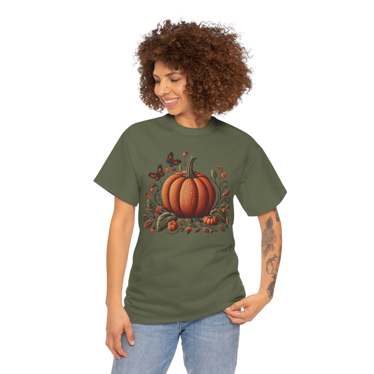 Pumpkin & Botanical Bliss โ Autumnโs Cozy Charm ๐๐ - Autumn Pumpkin Tee, Fall T-Shirt, Halloween Shirt, Thanksgiving Gift, Unisex Heavy Cotton Tee