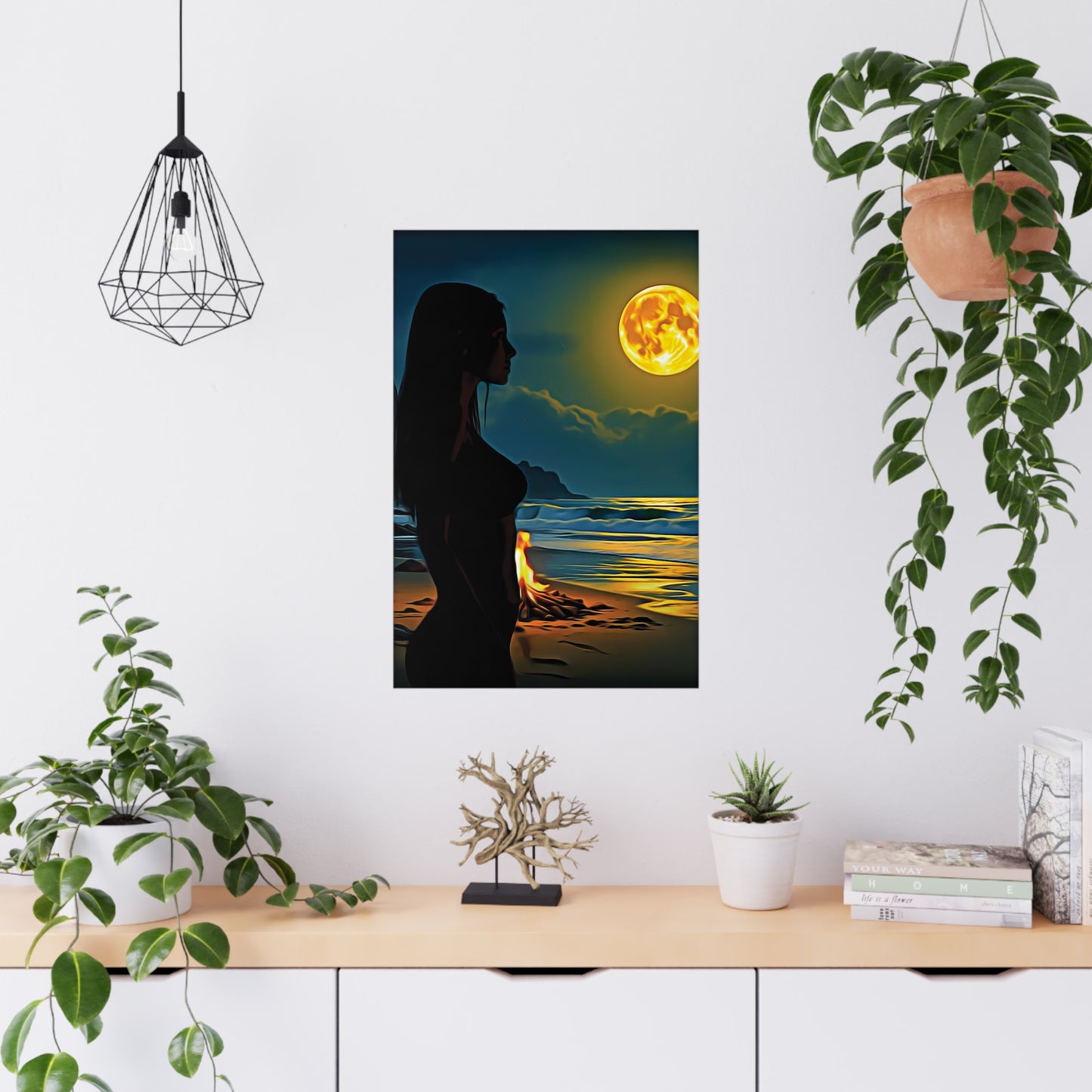 Moonfire Calm โ Where Ocean Light Meets Inner Glow ๐๐ฅ - Ocean Sunset Matte Poster, Beach Wall Art, Boho Decor, Moonlit Artwork, Nature Print, Home Aesthetic Decor