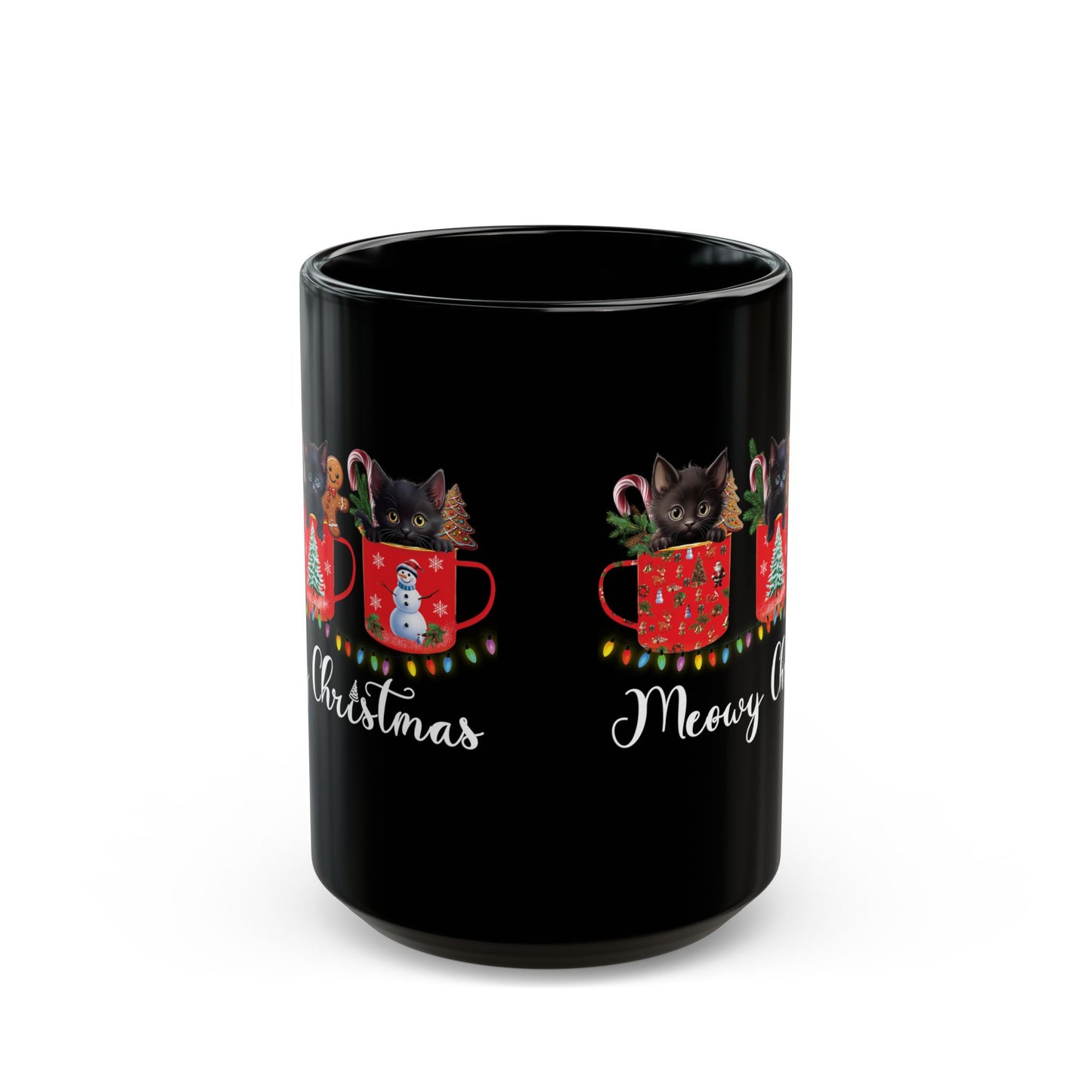 Meowy Christmas Cat Mug - Festive Black Coffee Cup (11oz, 15oz)