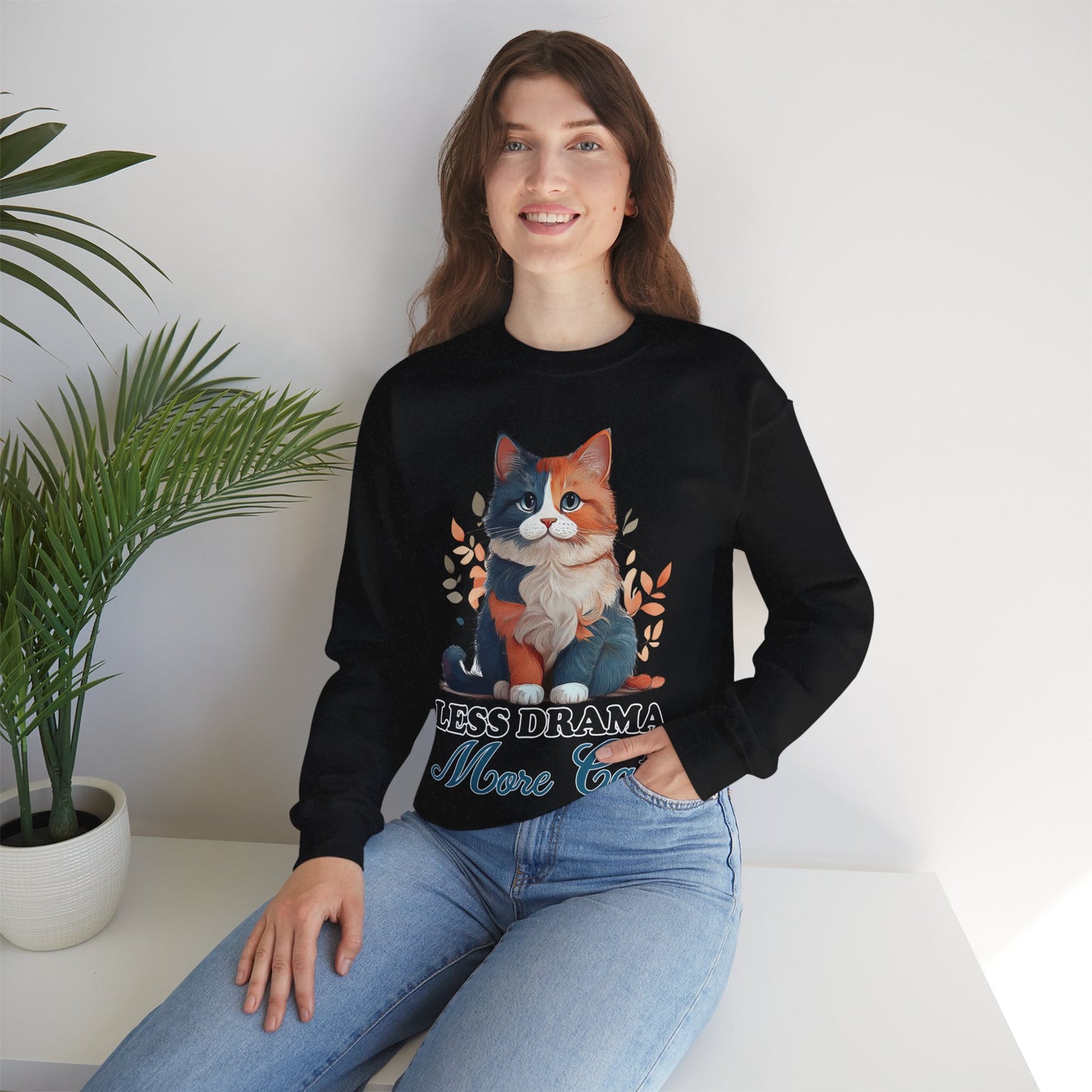 Less Drama, More Cats โ Purrfect Peace in Style ๐พโจ - Cat Lover Crewneck Sweatshirt | Less Drama More Cats | Cozy Gift for Cat Owners, Animal Lovers, Cute Cat Sweatshirt