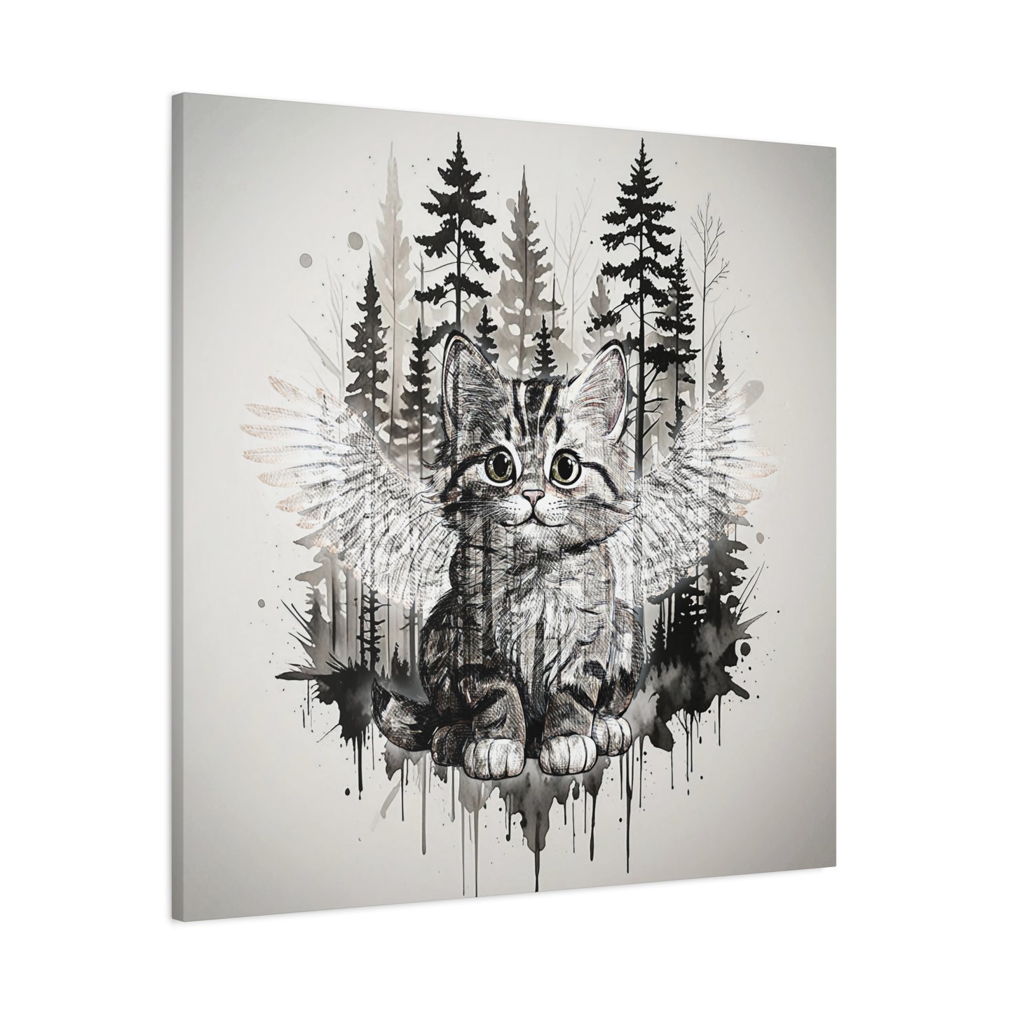 Your personal Guardian Cat Canvas Wall Art - 1.25" Stretched Matte Print with Angel Wings and Forest Theme
