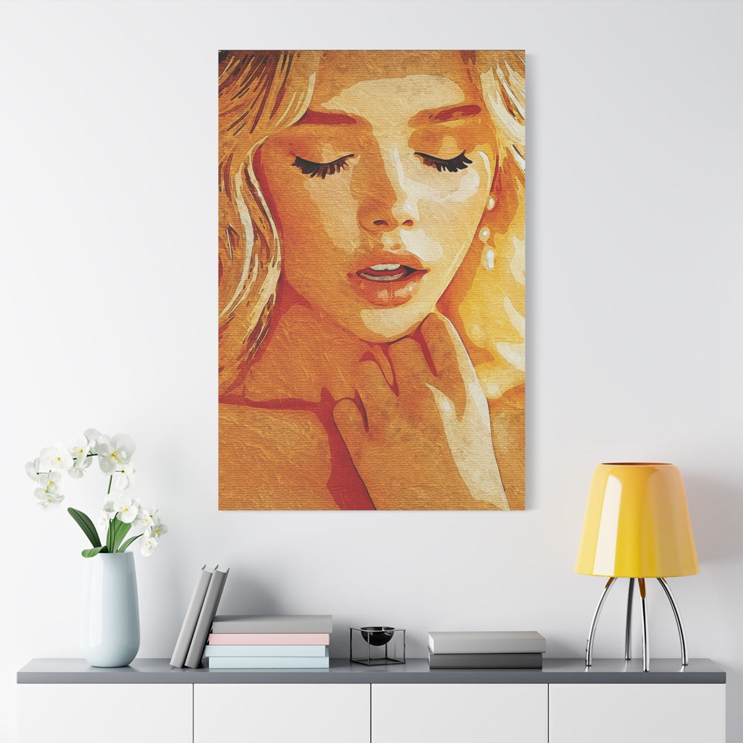 “Golden Reverie: The Serenity of a Soul in Stillness” - Elegant Satin Canvas Art Print, Home Decor Wall Artwork, Beautiful Portrait, Gift for Her, Modern Art Piece, Unique Wall Decoration