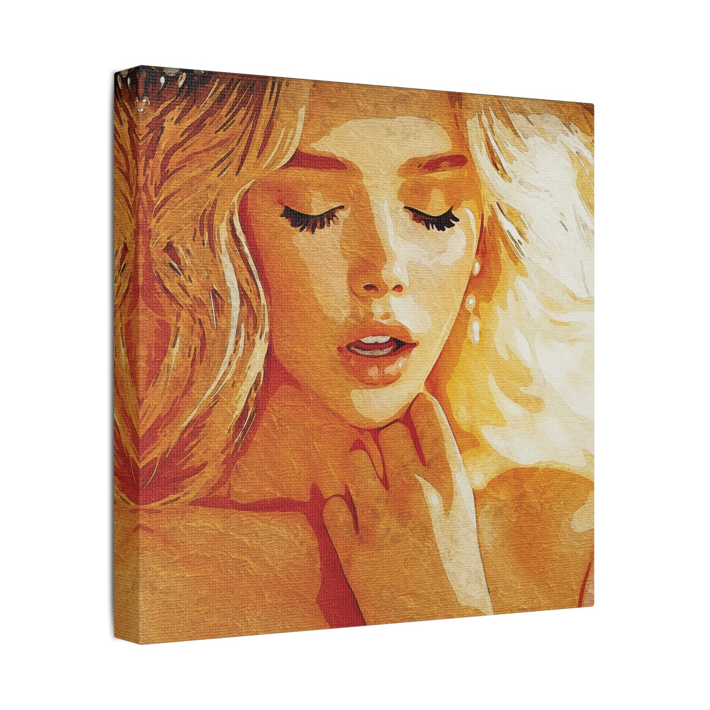 “Golden Reverie: The Serenity of a Soul in Stillness” - Elegant Satin Canvas Art Print, Home Decor Wall Artwork, Beautiful Portrait, Gift for Her, Modern Art Piece, Unique Wall Decoration