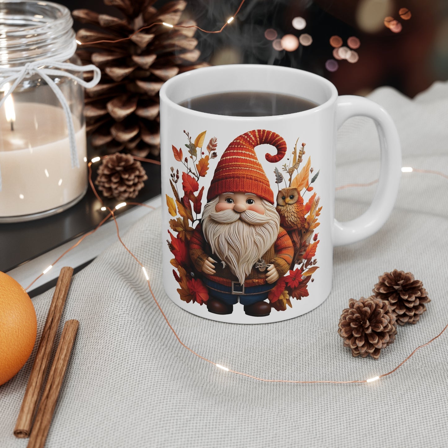 Gnome & Owl Autumn Harmony β Cozy Magic for the Season ππ§‘ - Coffee Cup, Cozy Ceramic Mug for Fall, Owl and Gnome Design, Perfect for Halloween, Thanksgiving, Gift Idea