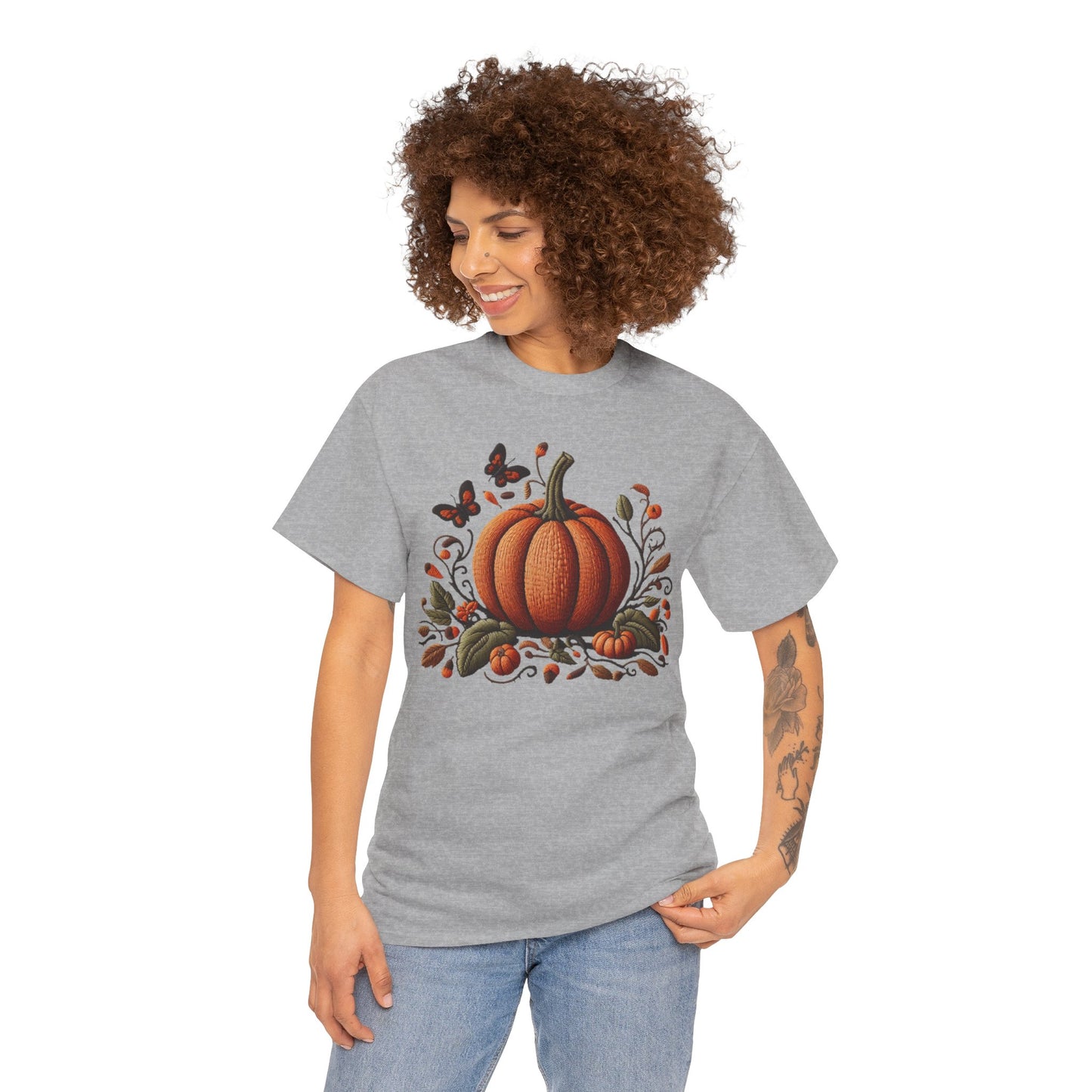 Pumpkin & Botanical Bliss โ Autumnโs Cozy Charm ๐๐ - Autumn Pumpkin Tee, Fall T-Shirt, Halloween Shirt, Thanksgiving Gift, Unisex Heavy Cotton Tee