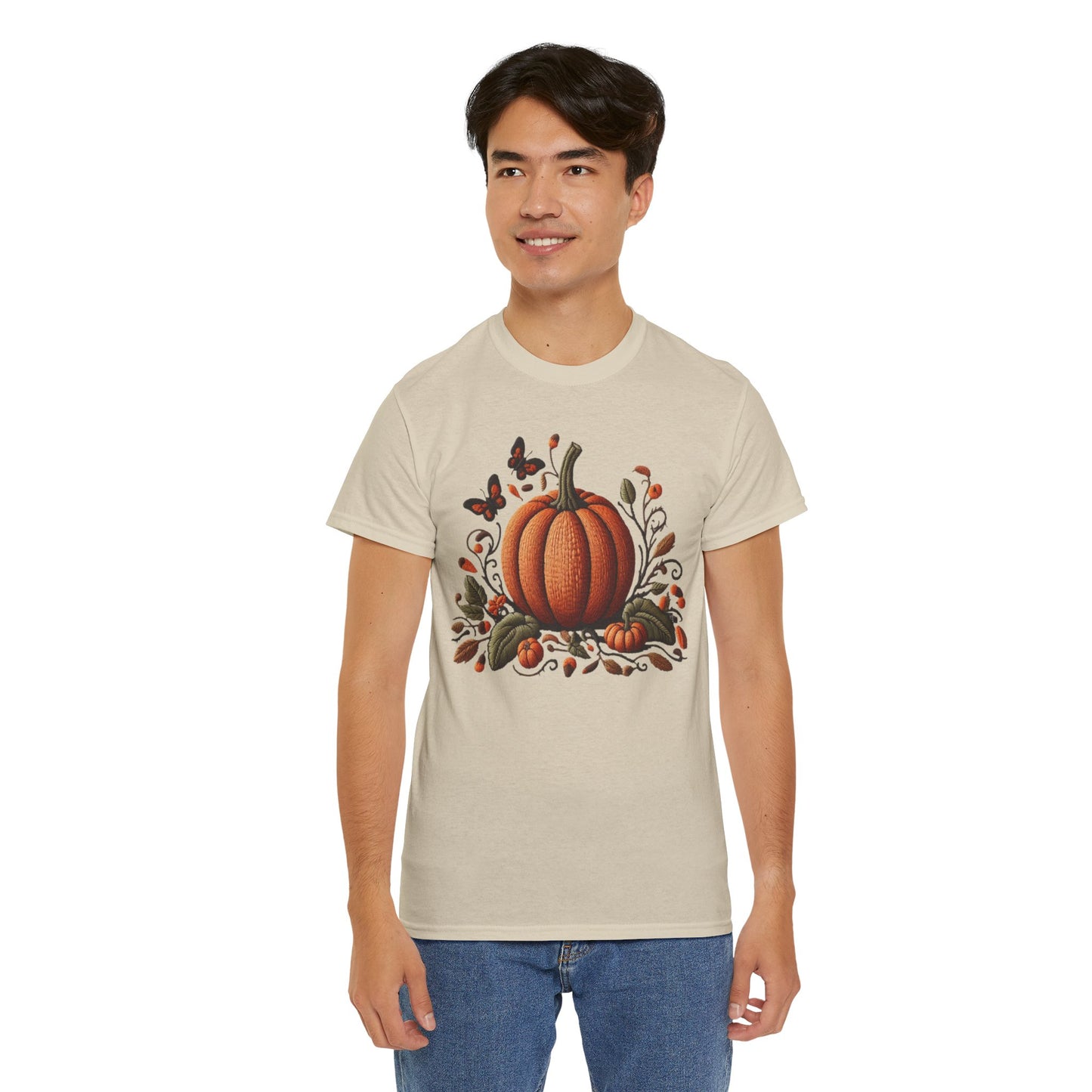 Pumpkin & Botanical Bliss โ Autumnโs Cozy Charm ๐๐ - Autumn Pumpkin Tee, Fall T-Shirt, Halloween Shirt, Thanksgiving Gift, Unisex Heavy Cotton Tee