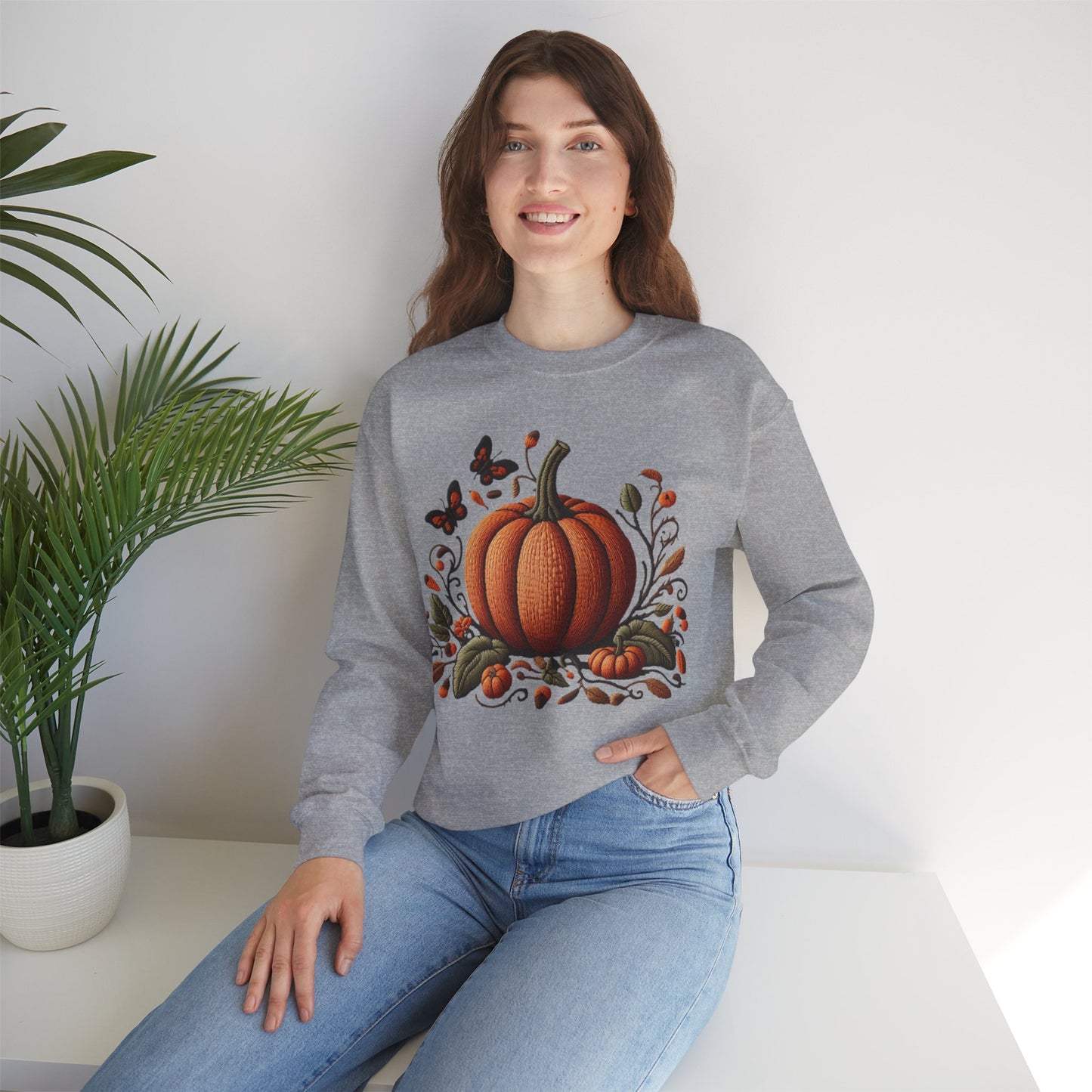 Pumpkin & Botanical Bliss โ Autumnโs Cozy Charm ๐๐ - Autumn Pumpkin Sweatshirt - Cozy Fall Apparel, Unisex Crewneck, Thanksgiving Gift, Seasonal Fashion, Pumpkin Patch Style